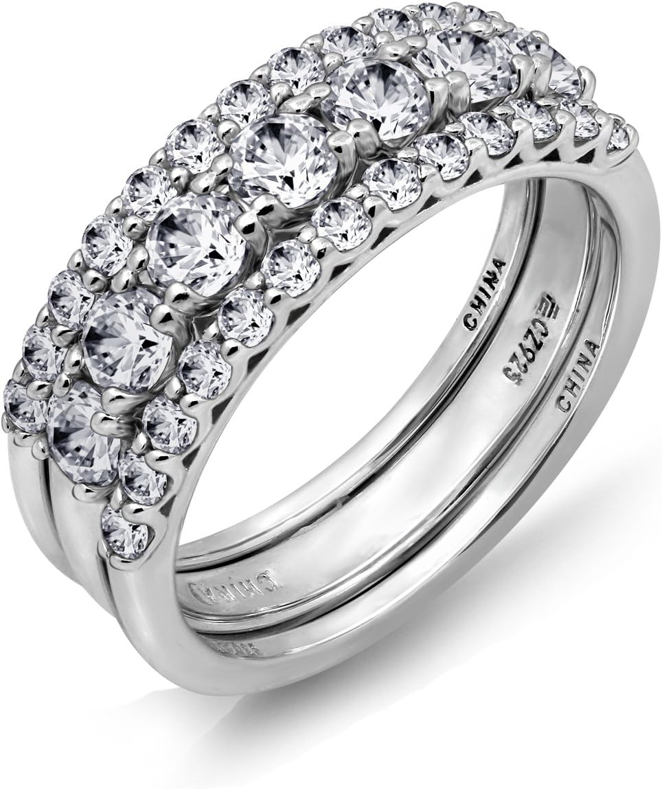 DIAMONBLISS Sterling Silver Cubic Zirconia Set of Three Band Rings