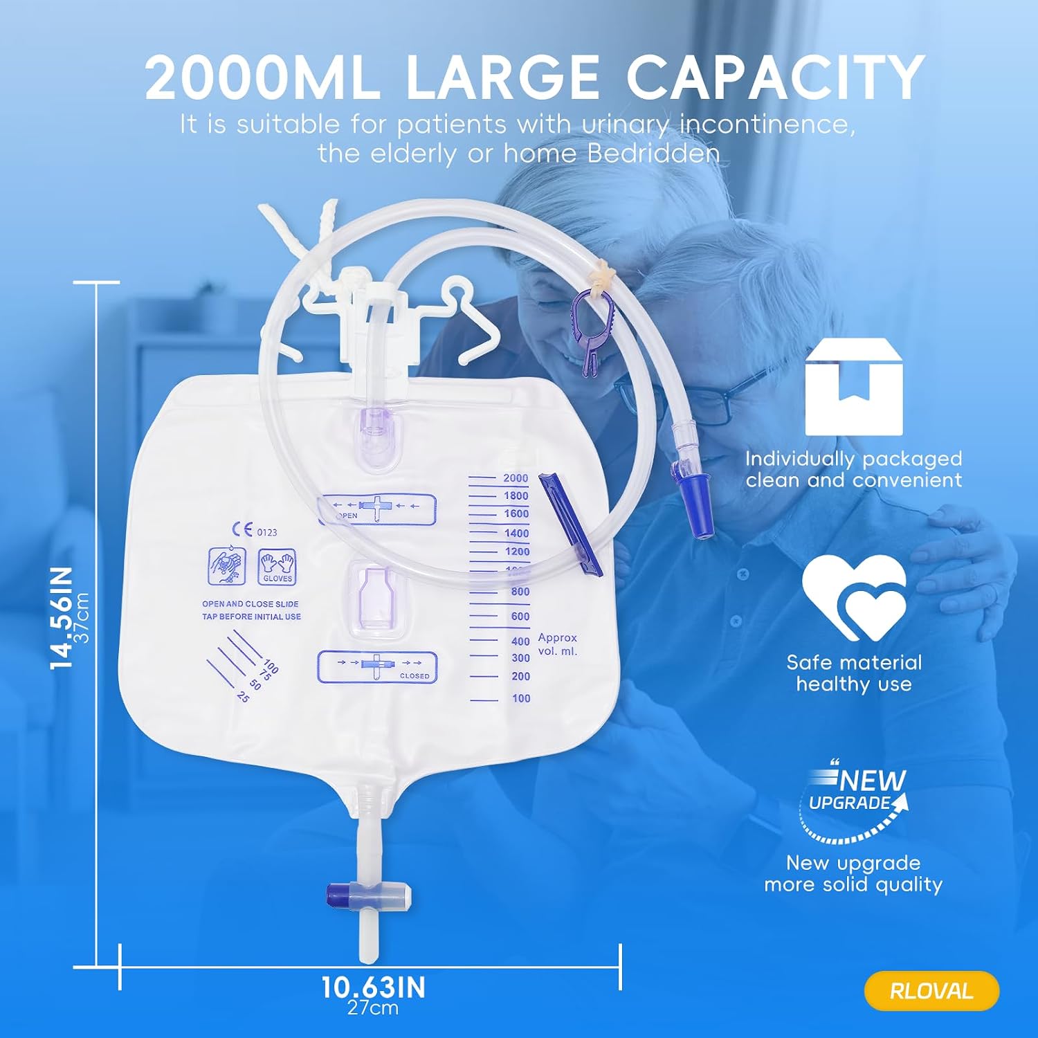 5PCS Catheter Urinary Drainage Bags, Catheter Bags for Men,Urine Bag with Large Anti-Reflux Chamber,Clips and Hanging Hook,0.4"Diameter/48"Long Tubing Flexible- Not Kinks 2000ML