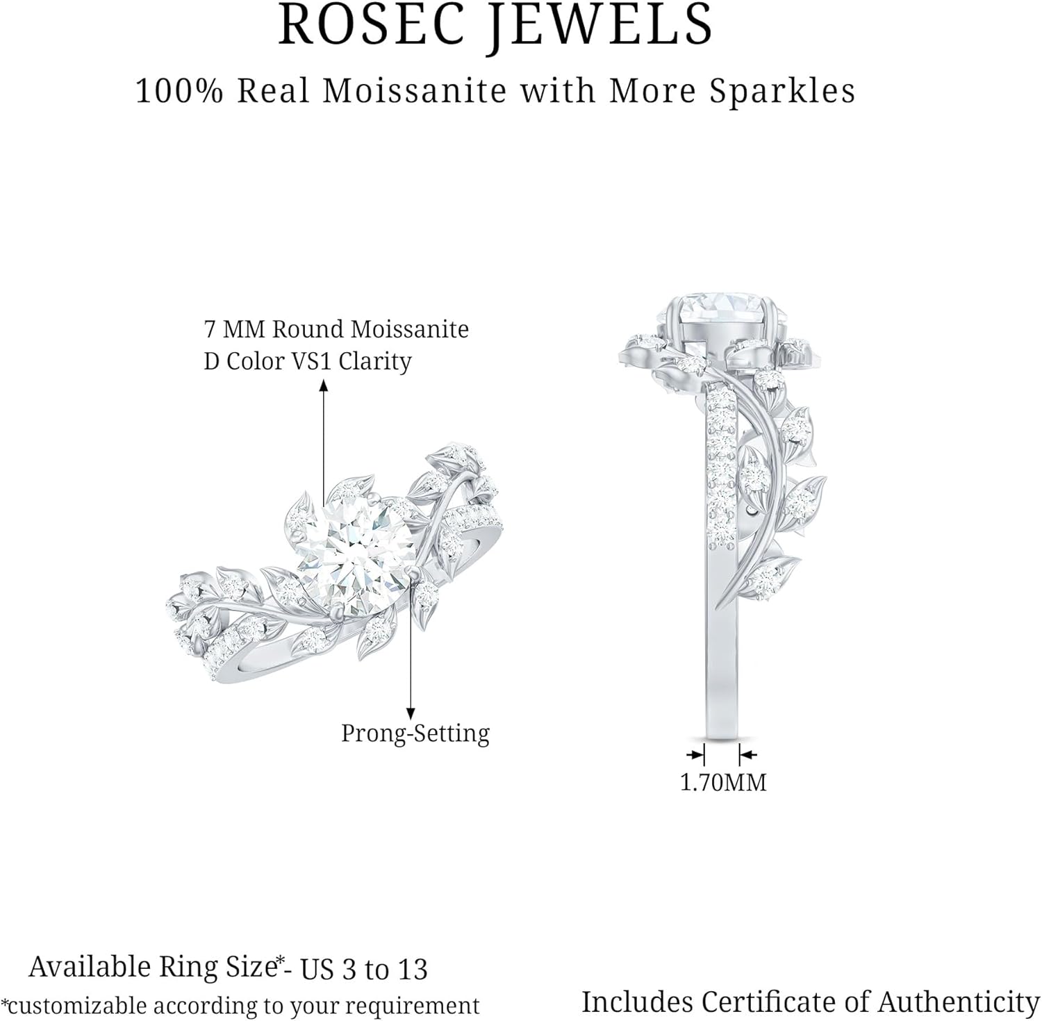 Certified Moissanite Vine Engagement Ring, D-Vs1 Quality, Brilliant Cut Moissanite Flower Ring - Ready To Gift