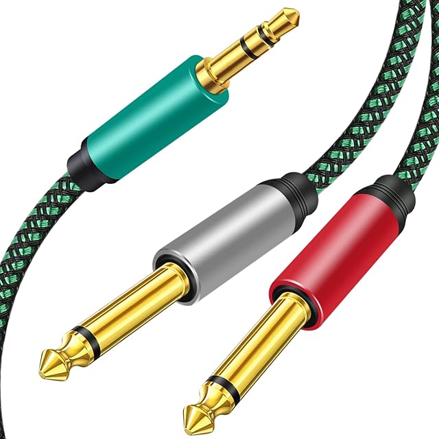 3.5mm 1/8 inch TRS Male to Dual 6.35mm 1/4 inch TS Male Mono Stereo Y-Cable Splitter for cell phone/Amplifiers/Mixer Audio Recorder, Zinc Alloy Housing, Nylon Braid, Gold Plated Copper Shell, (5M)