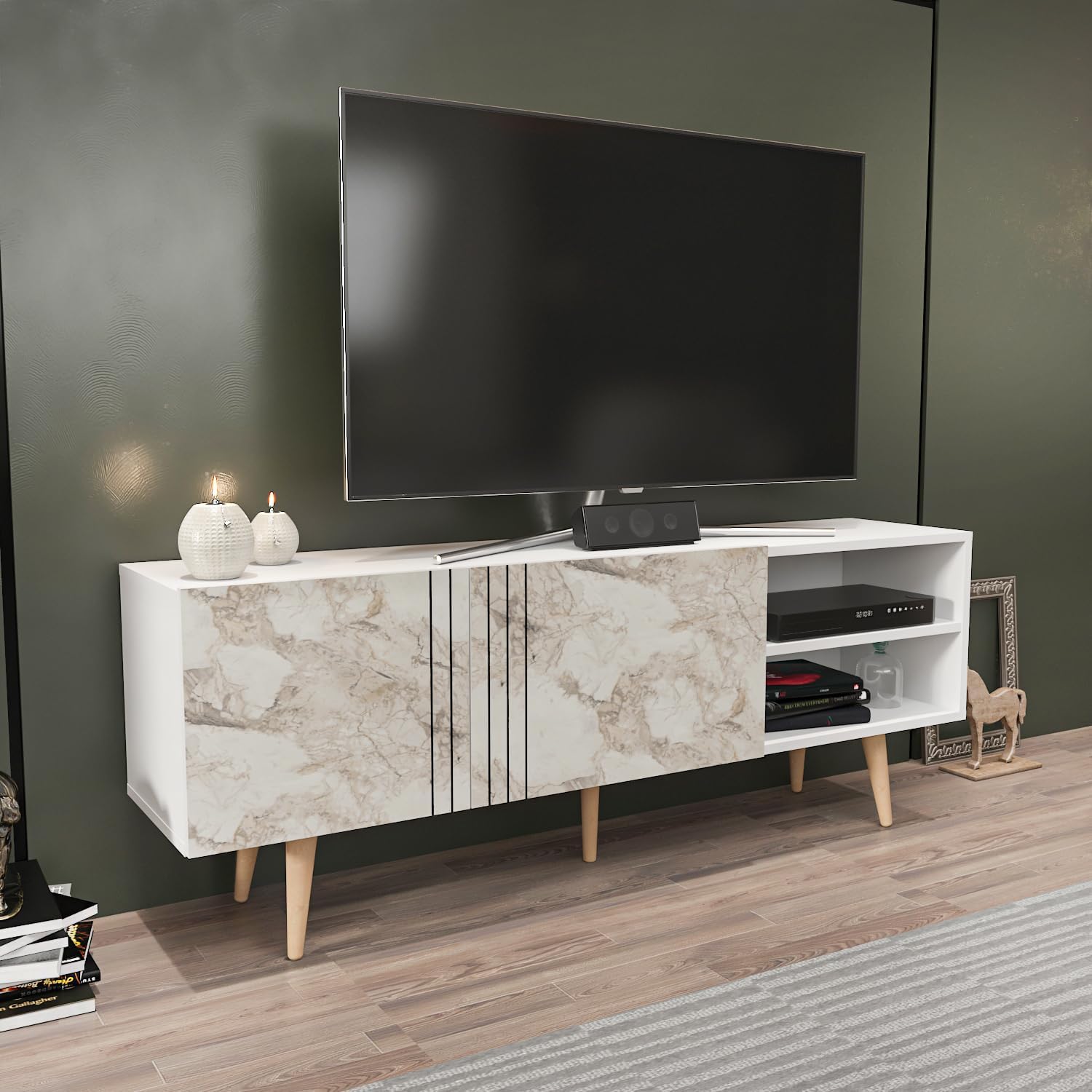 Decorotika Ronas Modern Living Room Set - TV Stand & Coffee Table - Set of 2 (Marble White, TV Stand Only)