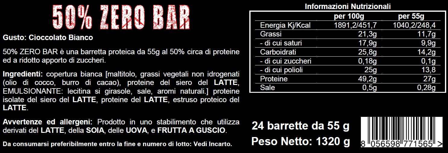Barrette Proteiche Senza Zucchero 50% Zero Bar FlorioSport 24 pz da 55g al 50% di Proteine del Siero del latte isolate Whey. Peso Netto 1320g (Cioccolato Bianco)