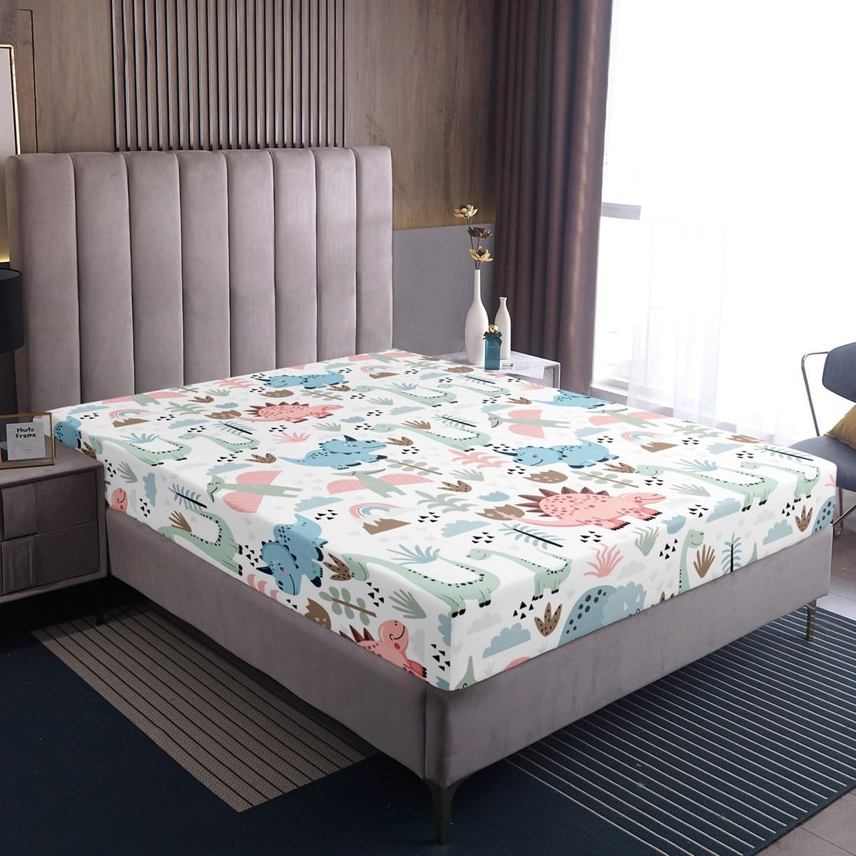 Manfei Cute Dinosaurs Kids Fitted Sheet Queen Size,Cartoon Coconut Trees Plants Toddler Bedding Set,Lovely Animals Bed Cover,Colorful Sheet,2 Pillowcases,Queen (60*80*16'') (ZZRS892GYY-CL_USq)