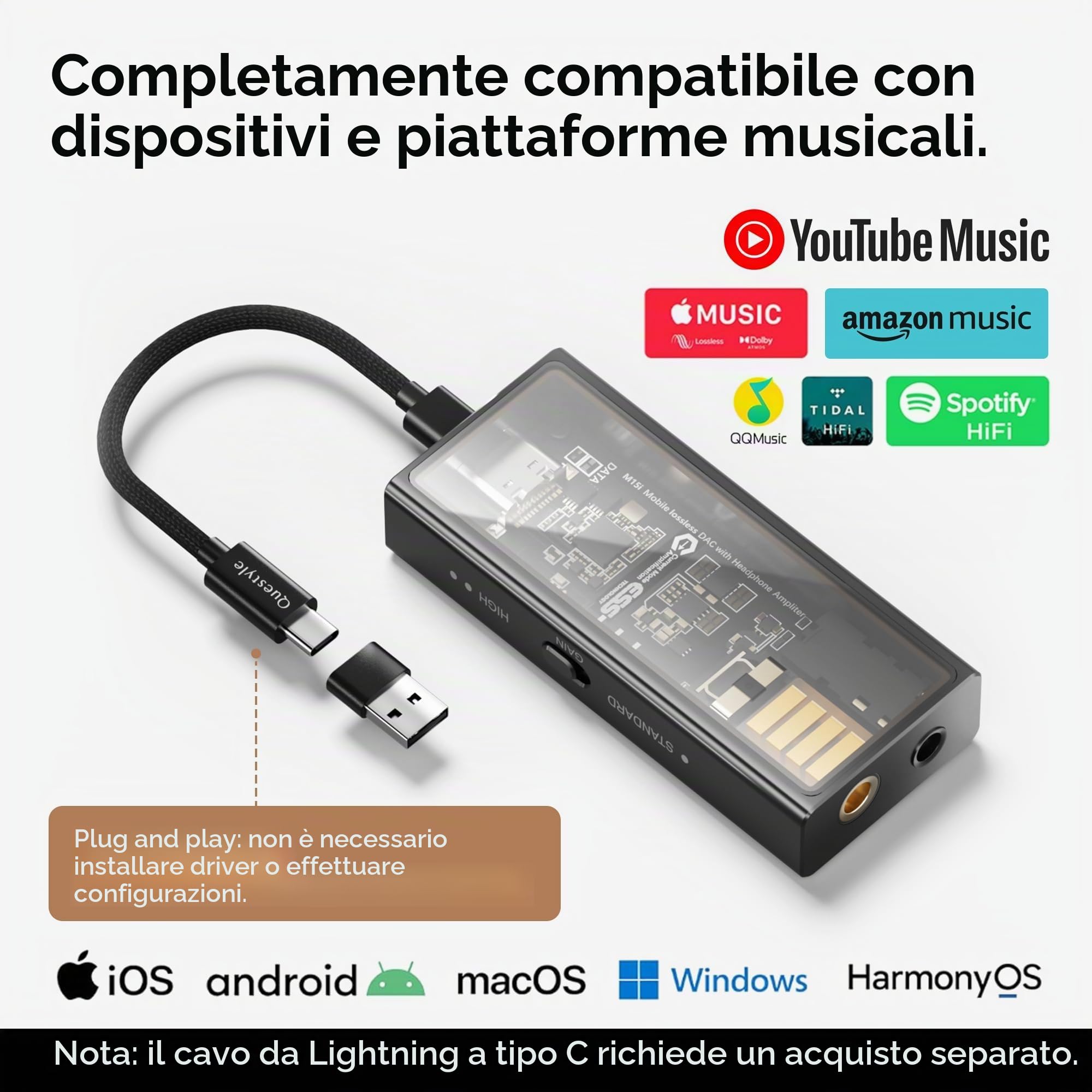 Questyle M15i Amplificatore per Cuffie Portatile DAC USB con Doppio Jack, Amplificatore per Cuffie Portatile - Certificato MFi, DAC ad Alta Risoluzione - Basso Rumore, per iOS/Android/PC