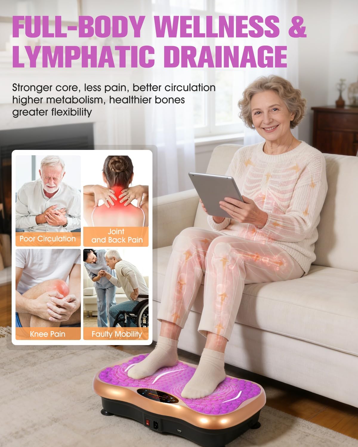 Vibration Plate Exercise Machine, Vibration Platform for Lymphatic Drainage Full Body, 99 Speed Levels, 5 Workout Modes & Resistance Bands, Home Gym Equipment for Shaping, Toning & Weight Loss