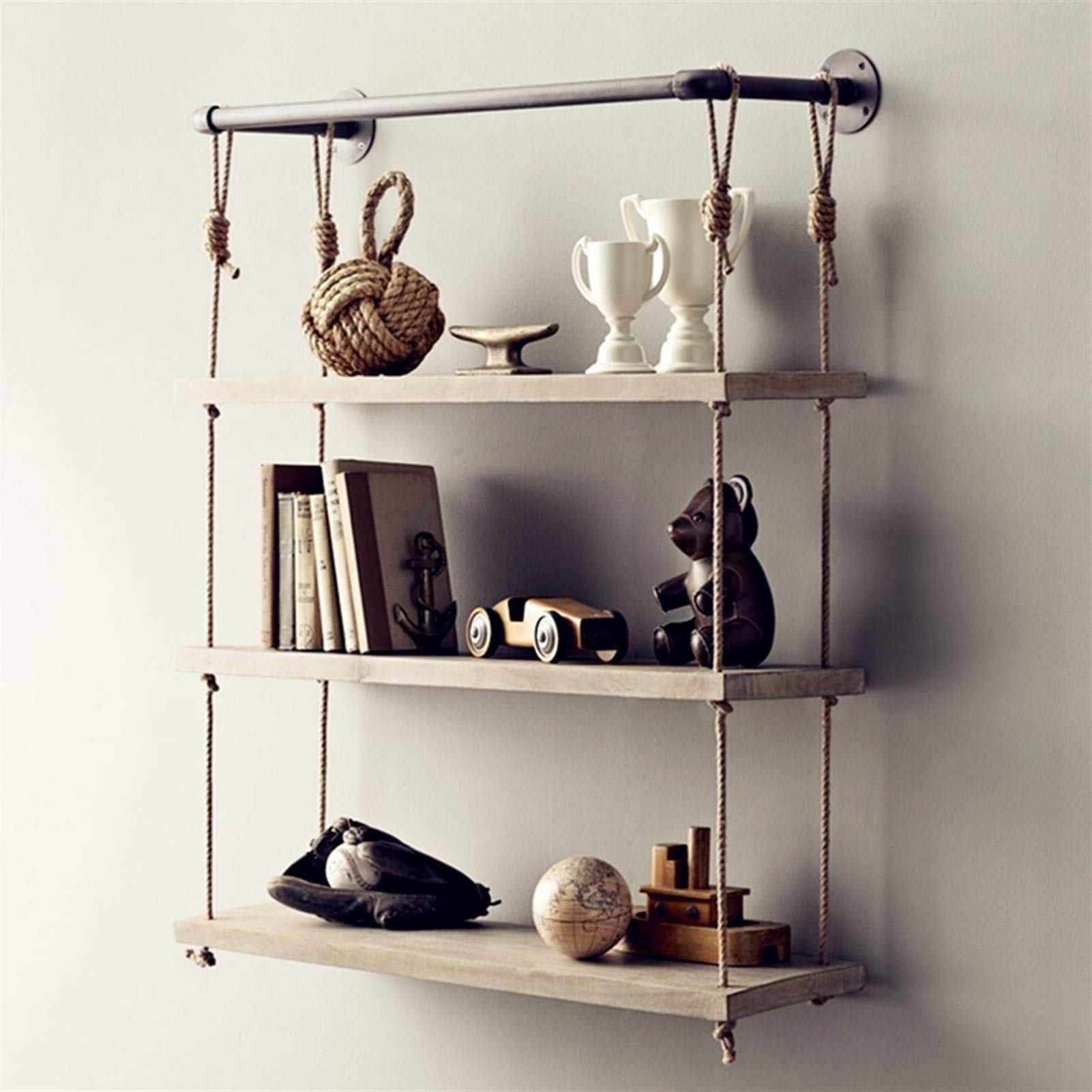 Ecke Wandregal mit Seil Hängeregal mit Seilaufhängung | Schweberegale mit String | Holz Hängendes Regal Wandschaukel Lagerregale Jute Seil Organisator Bauernregal |Vintage Shabby Chic Design, 3-Tiere