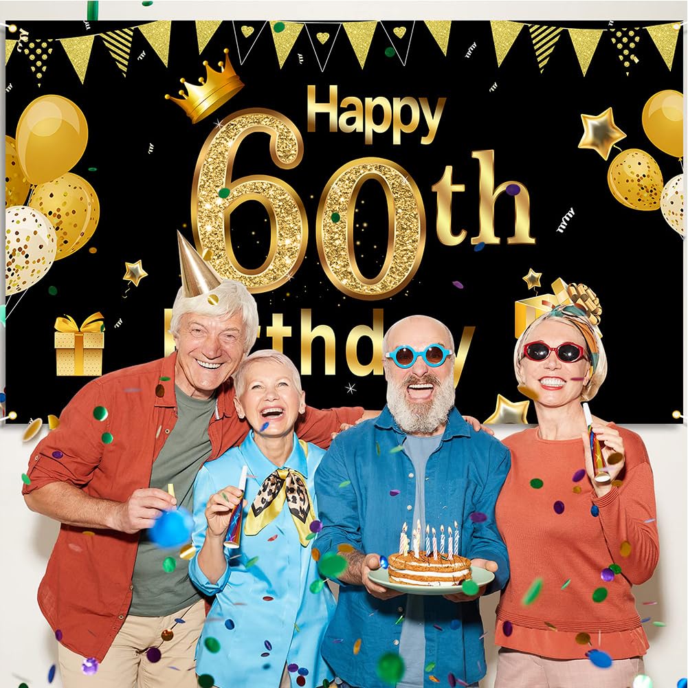 Decorazione per feste di compleanno per 60° compleanno, in tessuto nero, grande per il 60° compleanno, sfondo fotografico, sfondo per il 60° compleanno, per esterni, decorazione da parete, 100x90 cm