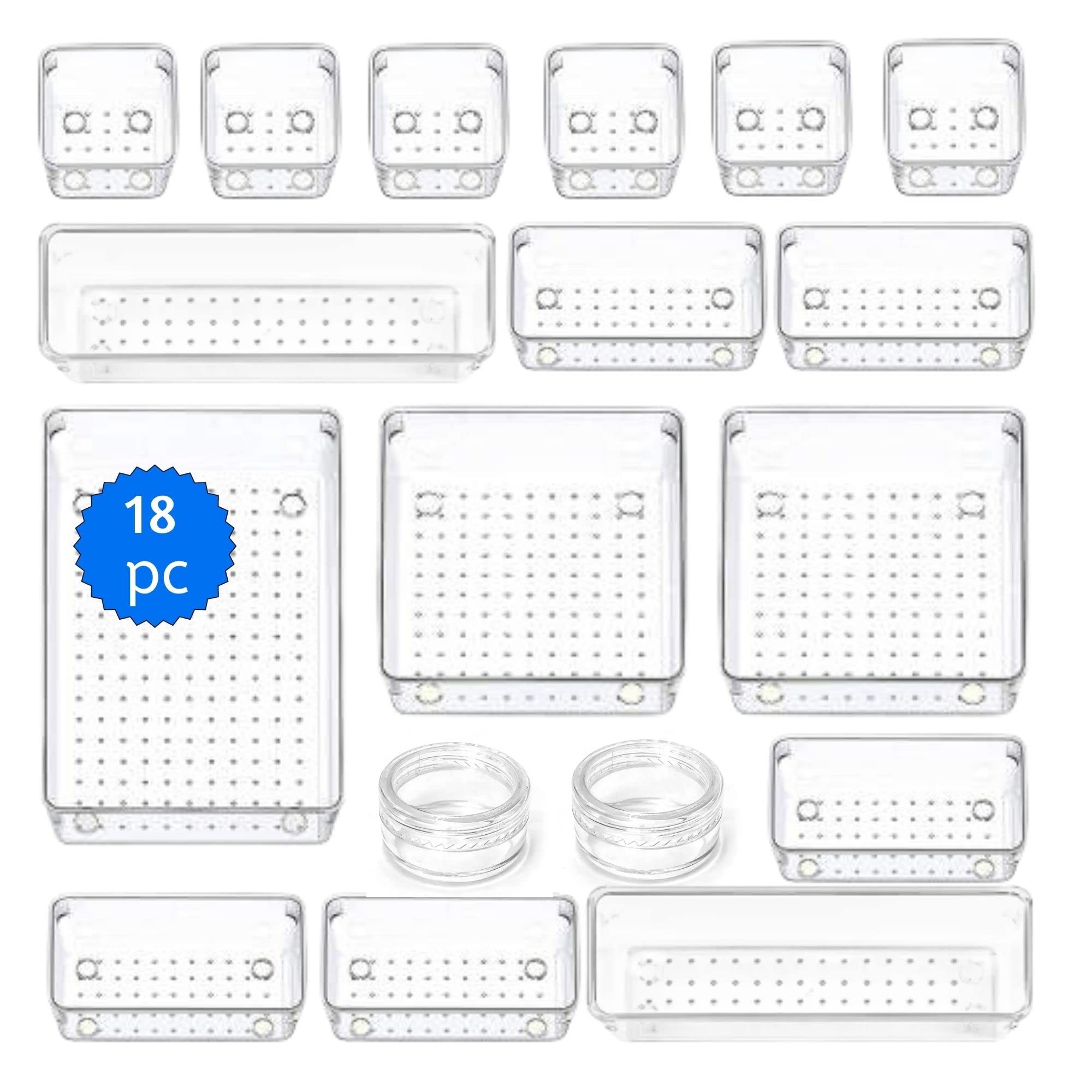 SEVENDOT718 pc Drawer Organizer Set Clear Acrylic Trays for Desk Storage Fridge cutlery craft supplies tools, stackable tray for office kitchen bedroom bathroom craft room pantry (18 pc set)