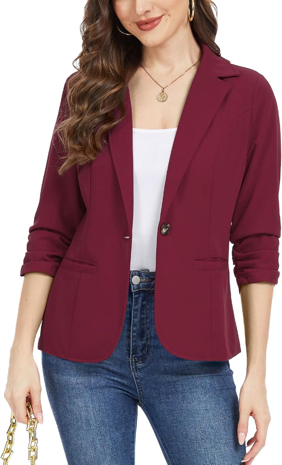 Women 3/4 Ruched Sleeve Jacket Blazers Casual Work Office Dressy with Pockets Single Button Comfortable Business Outfit Suit *Wine Red,Size 2XL* - Image 2