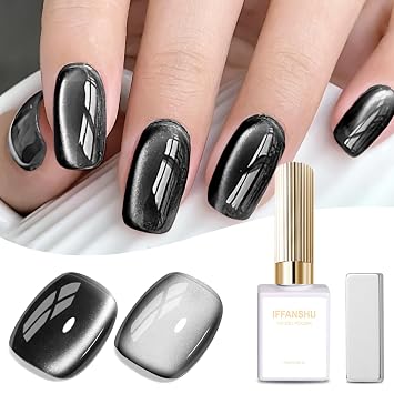 Cat Eye Gel Nail Polish, Black Cat Eye Gel Holographic Glitter Magnetic Nail Polish Glassy Manicure Salon DIY 15ML