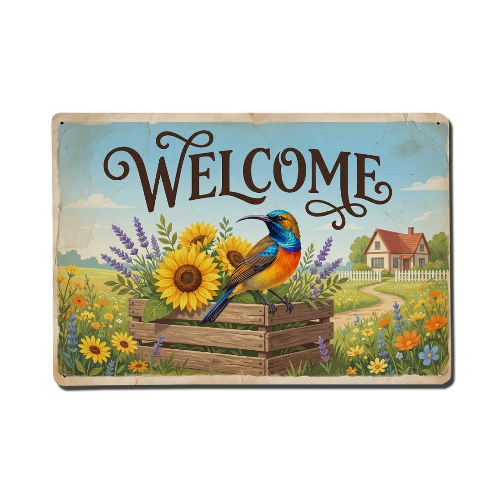Vintage Welcome Sunbird Joyful Vibes Metal Tin Sign