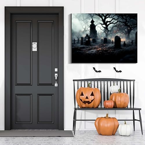 Miniatura 41 de Denozer Lienzo decorativo para pared de Halloween, castillo de terror de 32 x 24 pulgadas, decoración de pared de luna, decoración de otoño de Obra