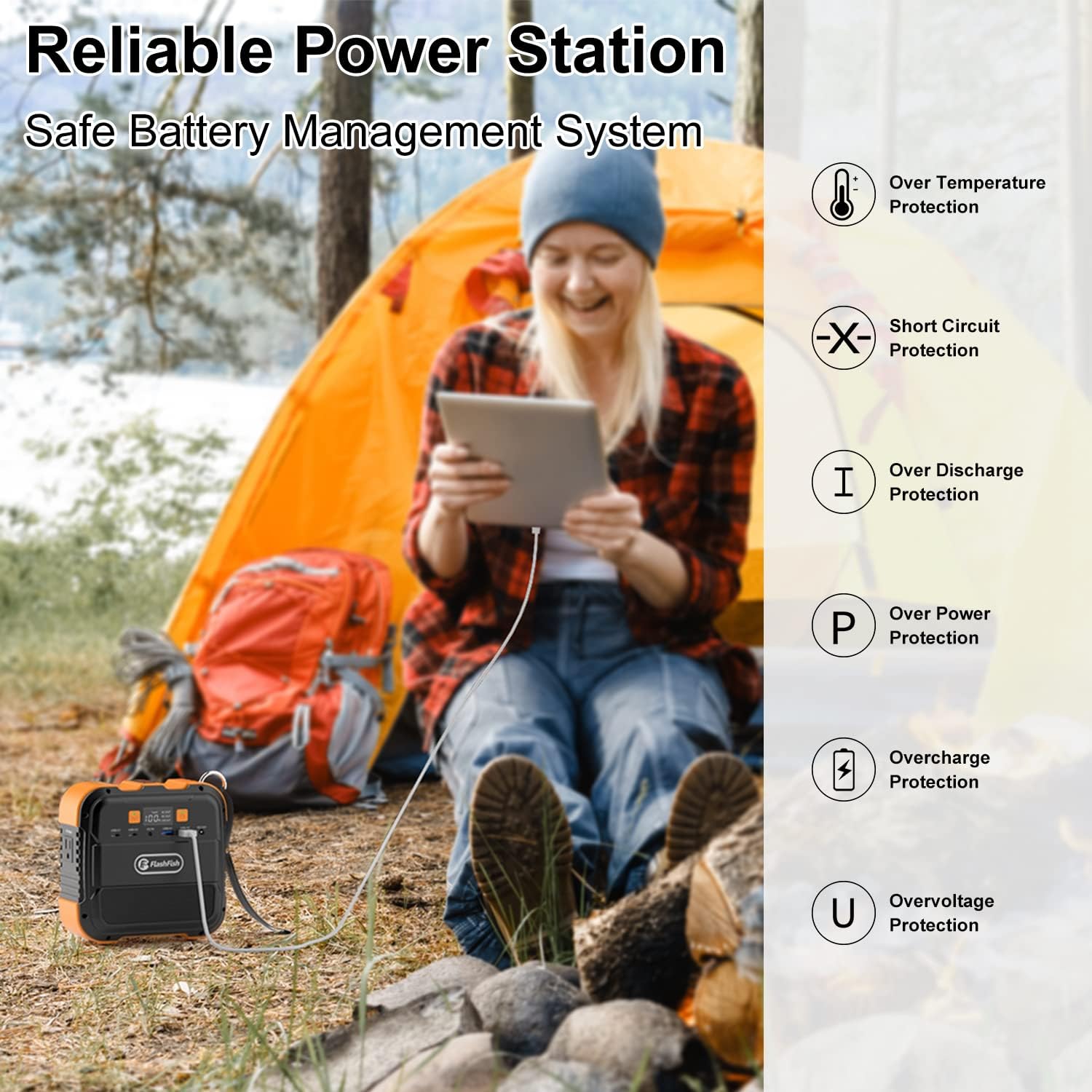 Diagram showing various safety protections of the power station: Over Temperature Protection, Short Circuit Protection, Over Discharge Protection, Over Power Protection, Overcharge Protection, and Overvoltage Protection.