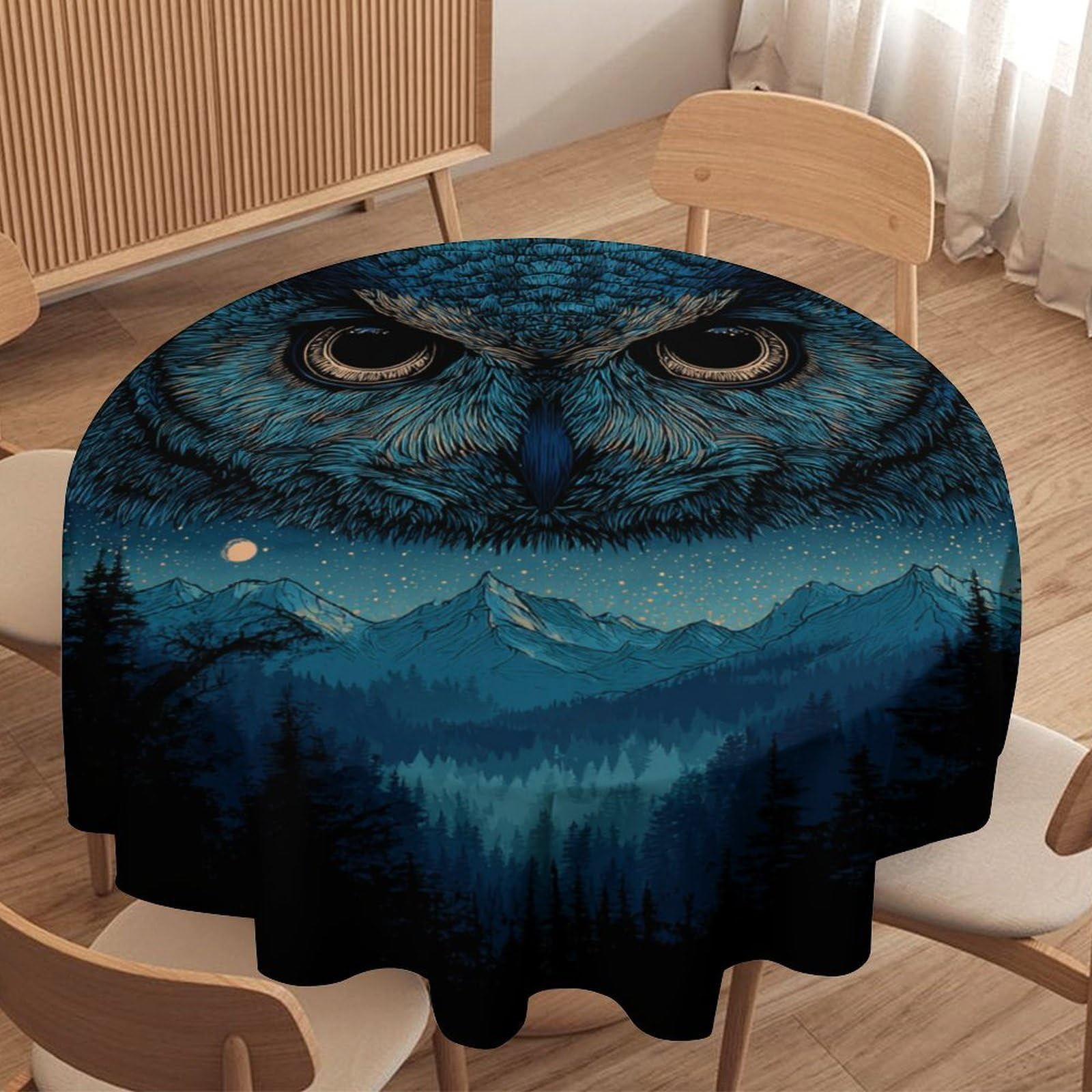 LUYYSKY Vintage Abstract Elegant Owl Round Tablecloth Natural Aesthetic Full Moon Forest Animal Owl Print Washable Decor for Table Cover for Kitchen-127 Wx127 L cm