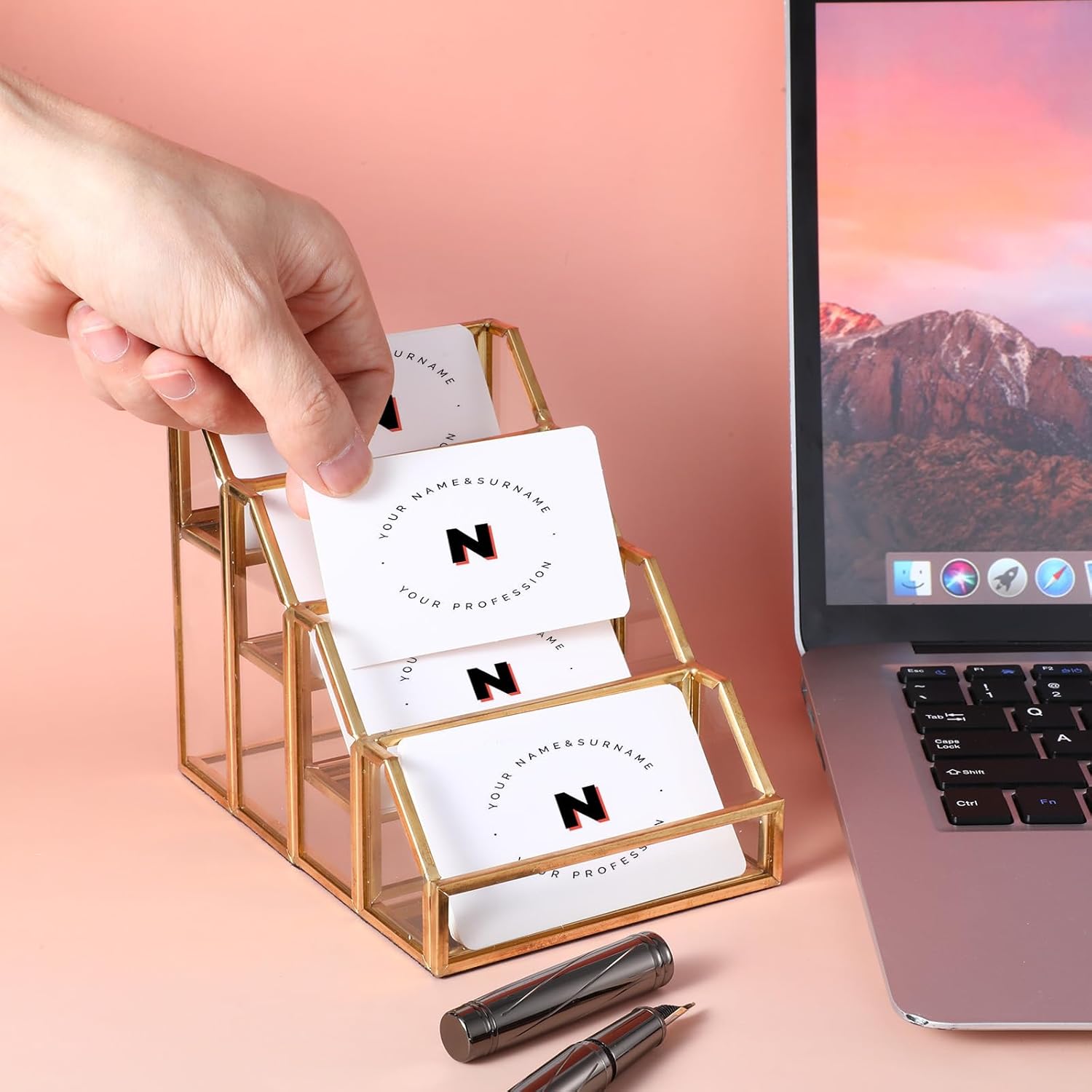 4 Slots Glass Business Card Stands for Display, Desktop Business Card Holder with Gold Metal Frame, Clear Name Cards Organizer for Office, Exhibition, and Meetings (4.13" L x 5.9" W x 4.72" H)