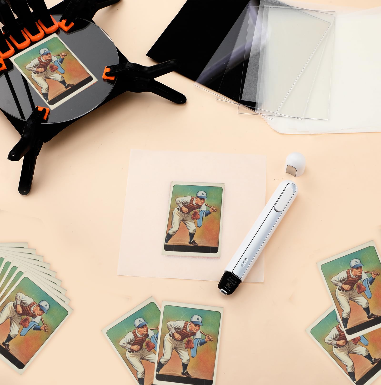 Grinsvalley Kit per la pulizia delle carte commerciali con 1 scatola idratante, 2 fogli acrilici, 8 morsetti in plastica, 5 tamponi, 1 cartella per ossa, 1 penna termica, 10 fogli di plastica, 25