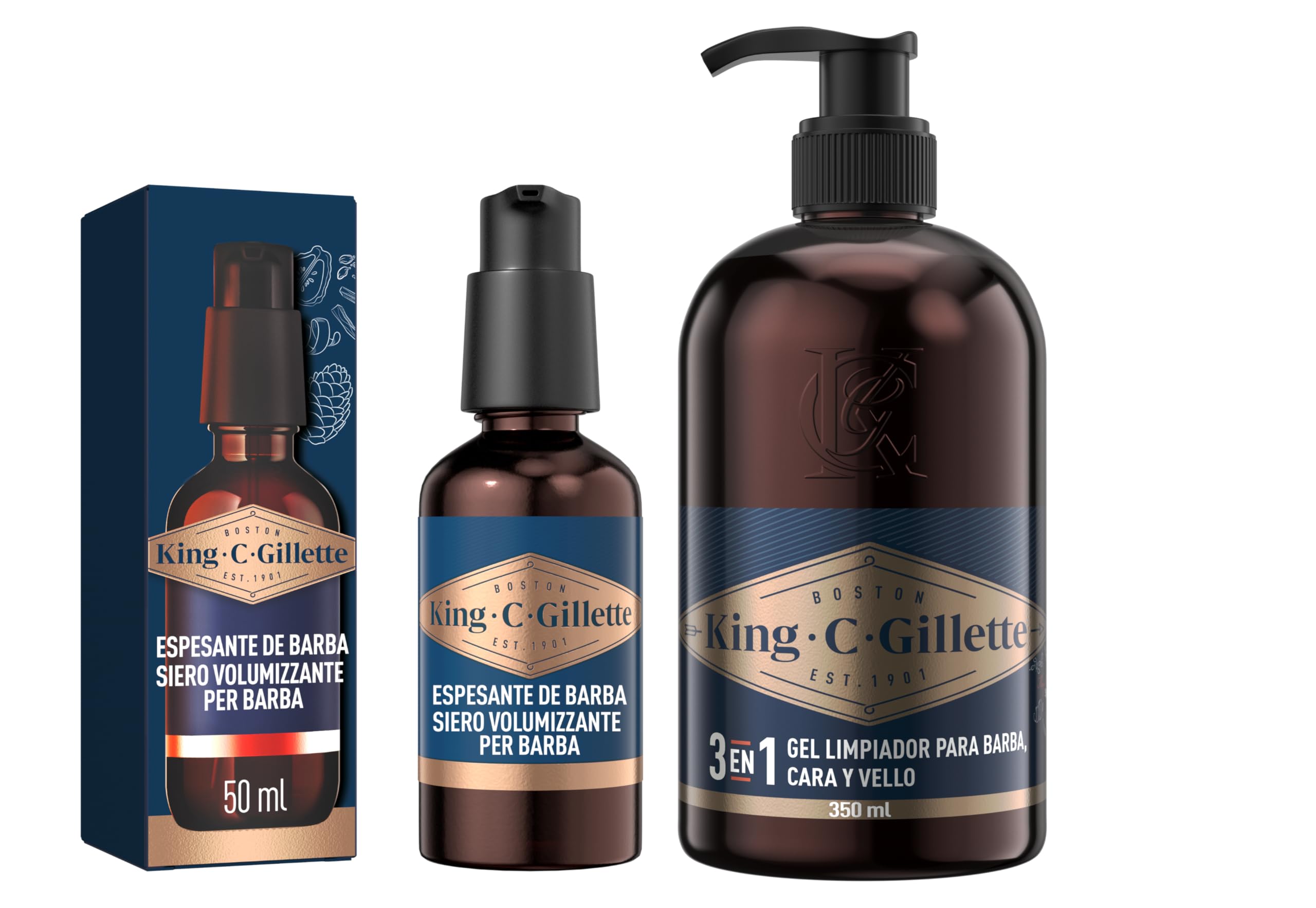 Bundle of King C. Gillette Gel para Barba y Rostro con Agua de Coco, Aceite de Argán y Aceite de Aguacate,350 ml + King C. Gillette Espesante De Barba, Barba Espesa Y Abundante En 14 Días,50 ml
