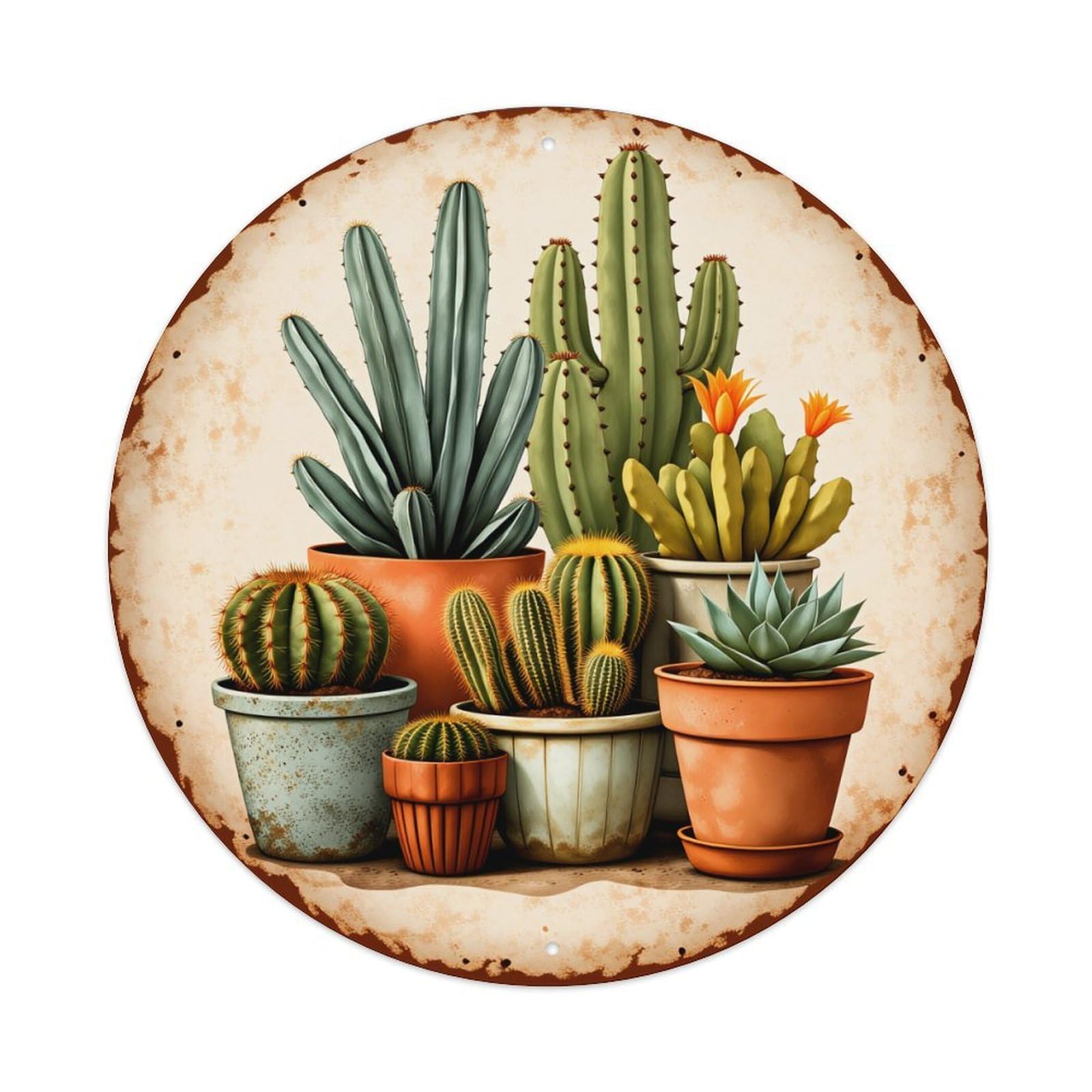 Cactus Plants In Pots With Desert Theme Pattern Round Vintage Tin Sign,Retro Wall Art,Metal Poster for Home, Bar, Garage, Cafe, Rustic Indoor & Outdoor Decor, 8x8 Inches