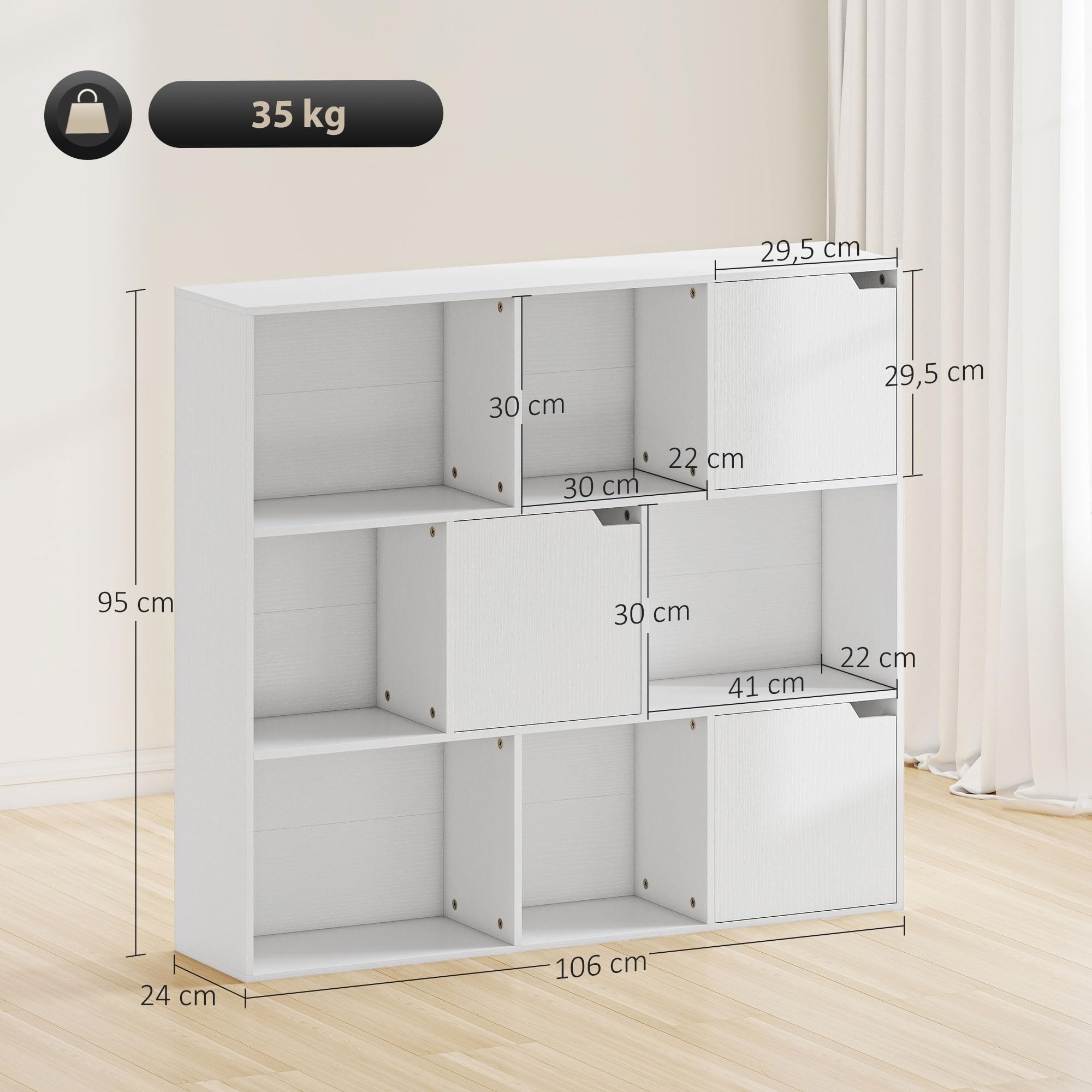 HOMCOM Bibliothèque Étagère de Rangement Étagère de Bureau avec 9 Compartiments cubiques, 3 Portes, 6 étagères Ouvertes Étagère d'affichage pour Home-Office Salon Blanc 106 x 24 x 95 cm
