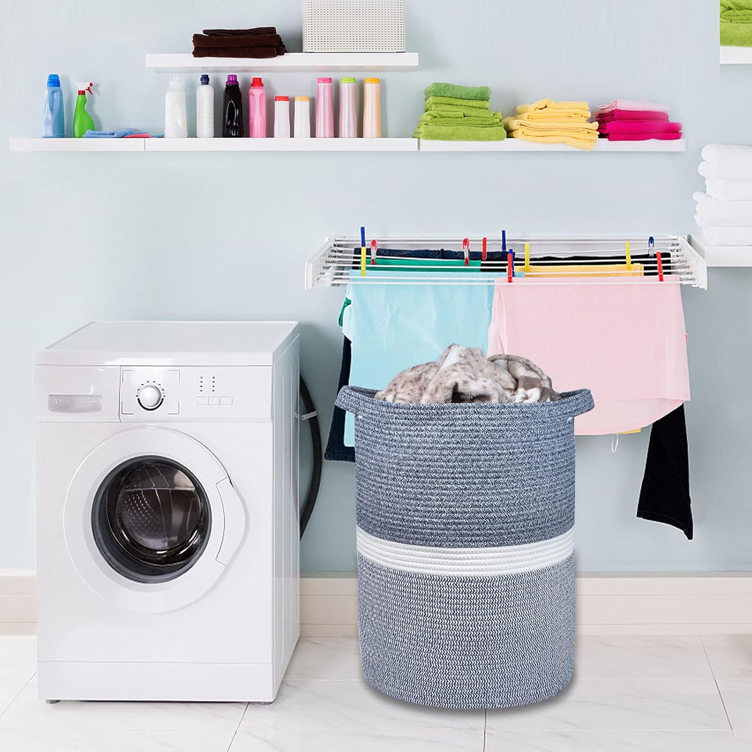 Large Blanket Basket, Nursery Hamper, Tall Laundry Basket 72L, Cotton Rope Woven Laundry Hamper for Storage Toys Clothes Towels, 16”x 22”, Blend Navy Blue & White - Image 9