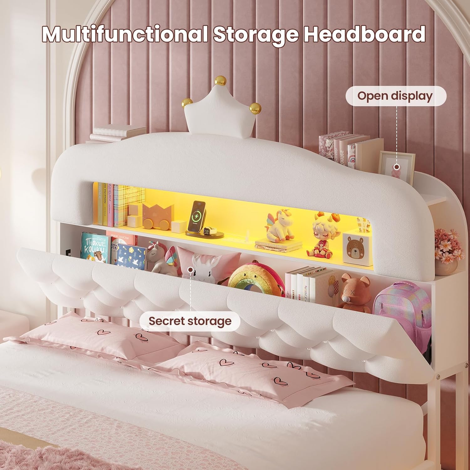 ADORNEVE Twin Upholstered LED Bed Frame with 2-Tier Storage Bookcase, Velvet Princess Platform Bed for Kids/Girls, Headboard with Charging Station & Crystal Button & Crown, No Box Spring Needed,White
