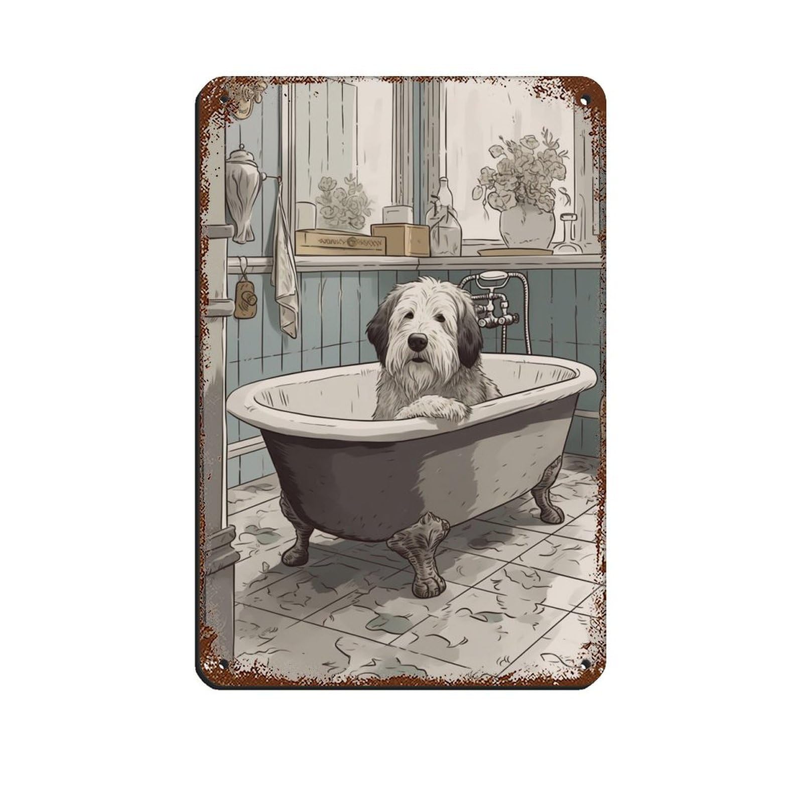 Old English Sheepdog in Bath, Bathroom Art Tin Sign Vintage Metal Pub Club Cafe Bar Home Wall Art Decoration Poster Retro 8x12inch(20x30cm)