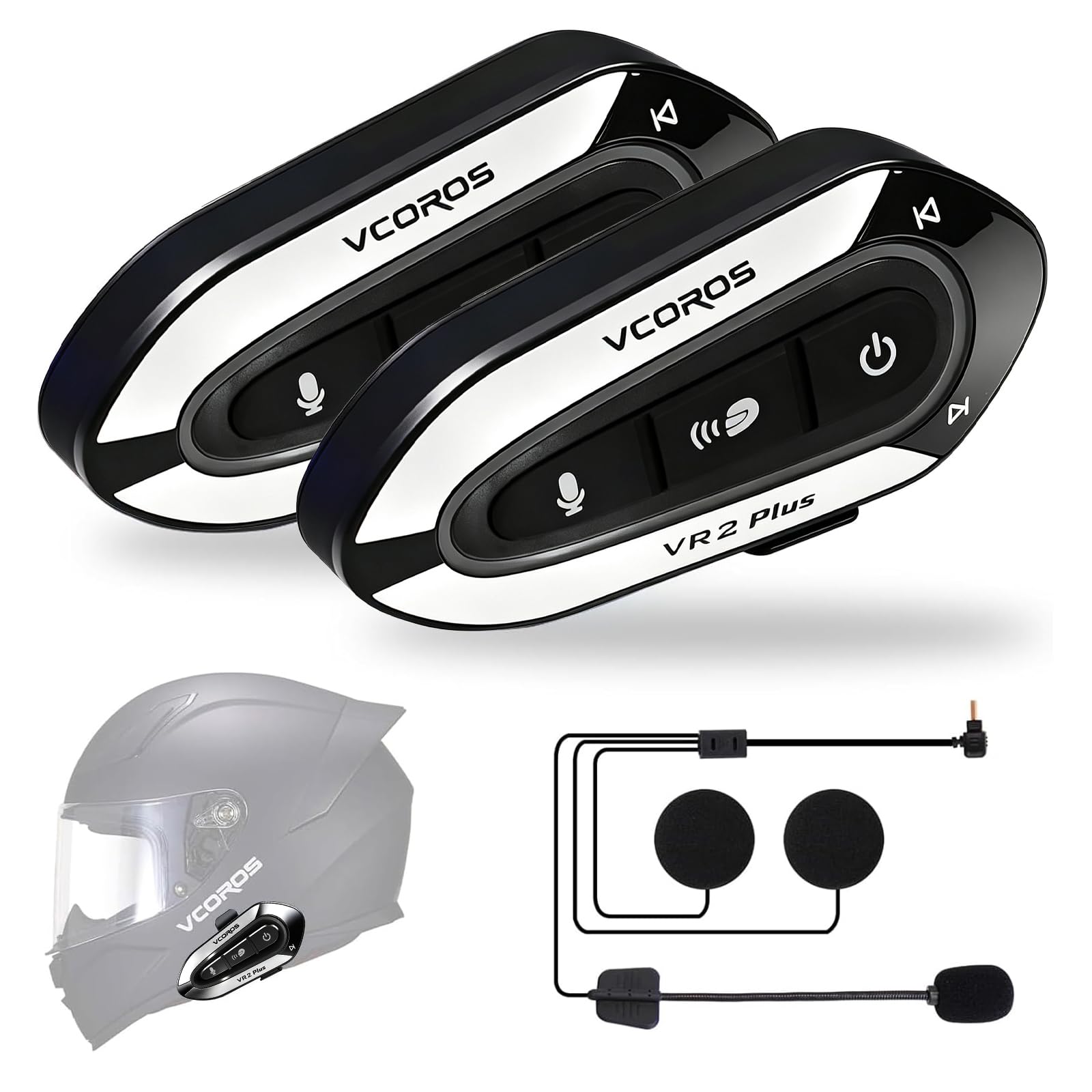 VCOROS Intercom Moto VR2 Plus,Système de Communication Bluetooth pour 2 Personne À Moins de 500m,IP56,Mode d'éclairage RGB,Kit Main Libre Moto,Soutien Contrôle Vocal Contrôle Musical (2Pack Hard Mic)