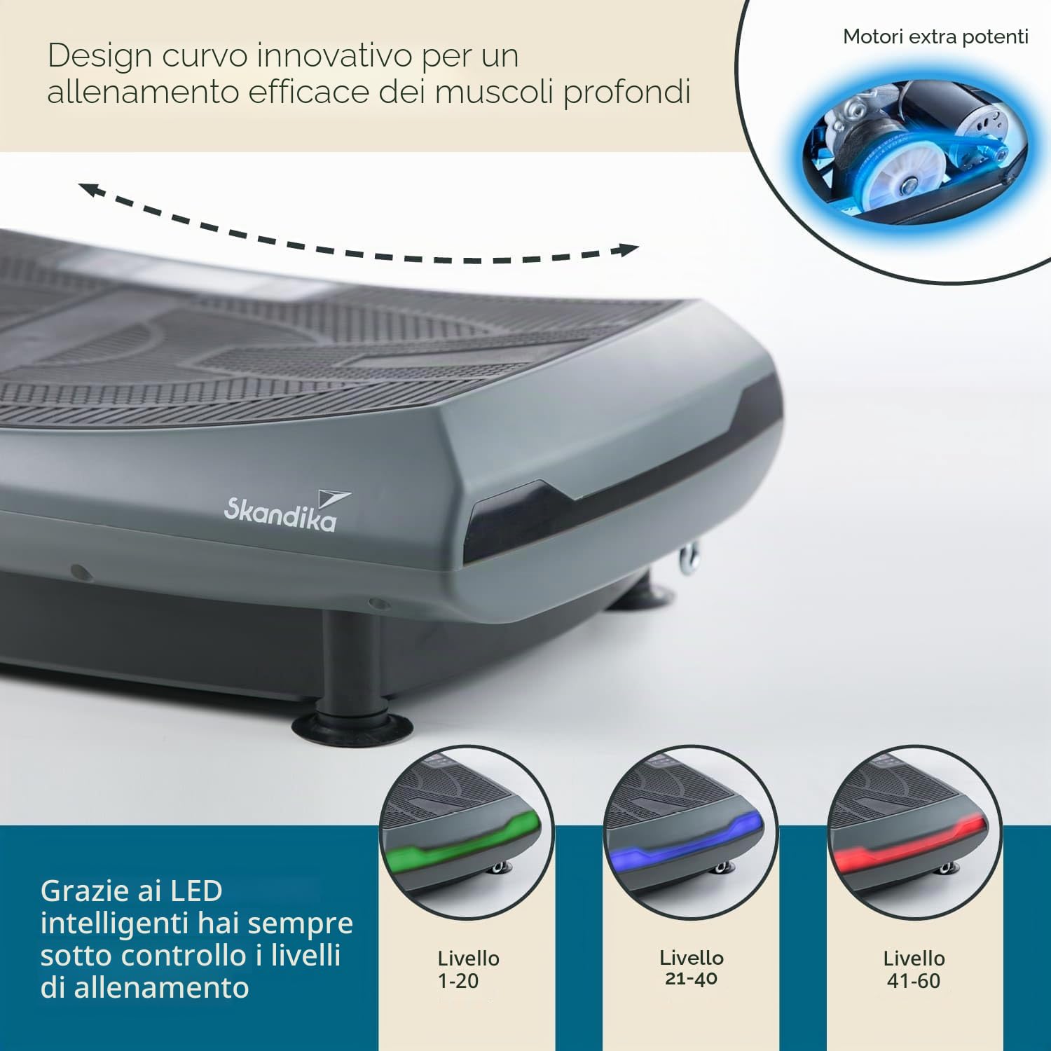 Skandika V2000, 3D o 4D Pedana Vibrante, Superficie curvata, Smart LED, Cinghie d'allenamento, Bluetooth