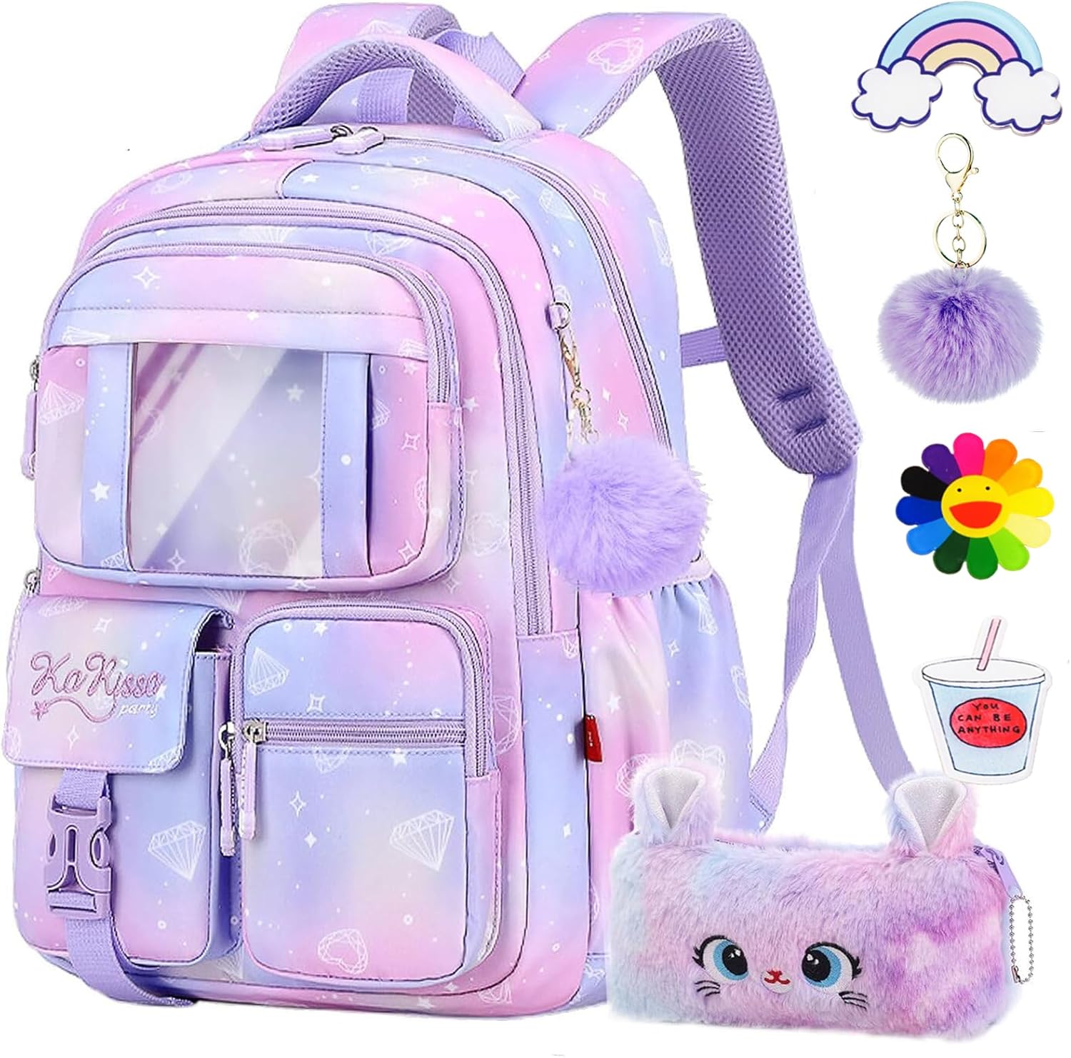 Large Capacity Backpack For Girls - Gradient Purple Waterproof School Backpack Widened Shoulder Straps Bookbag Soft Honeycomb Back School Backpacks With Plush Pendants And Pencil Cases