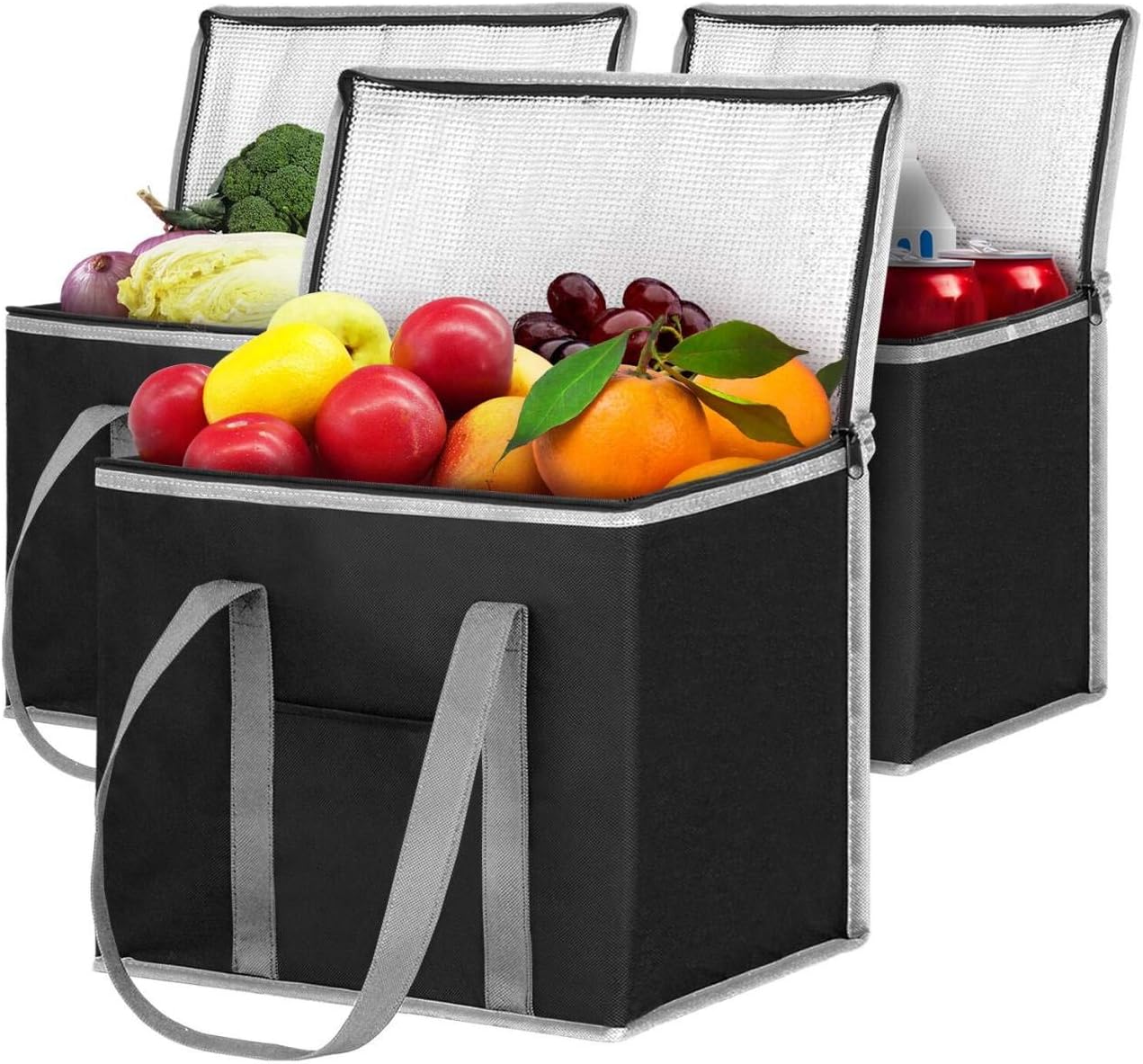 WISELIFE Reusable Shopping Bags Grocery Bags [ 3 Pack ] with Handles Insulated Bags Food Delivery Bags Cooler Bags with Zippered Top for Groceries, Food Transport, Travel, Picnic, Camping (GY)