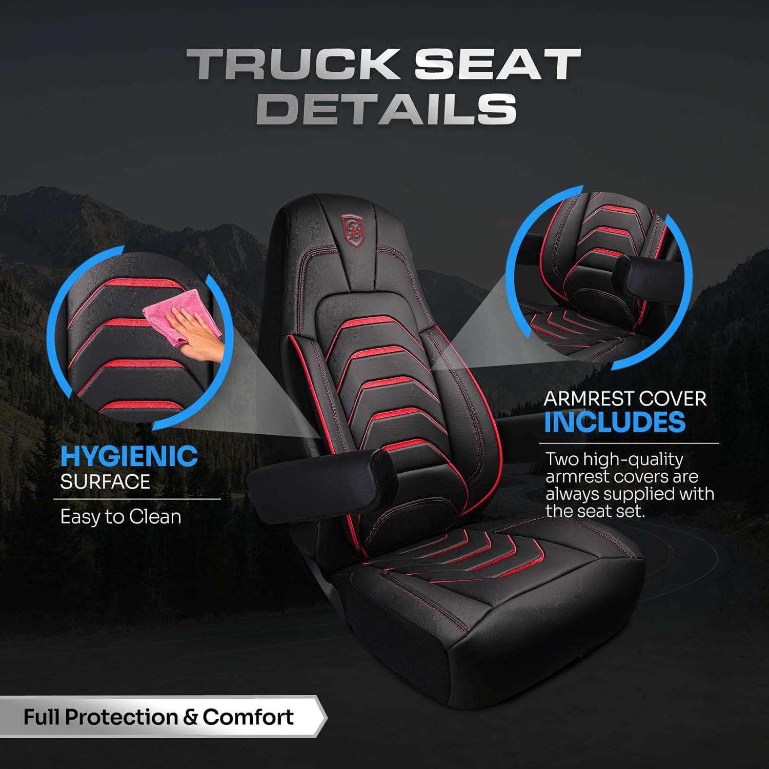 Custom Fit Truck Seat Cover for Cascadia 33” – Premium Vinyl Fabric – Black with Red Stitching – Includes Armrest Covers and Assebly Tool