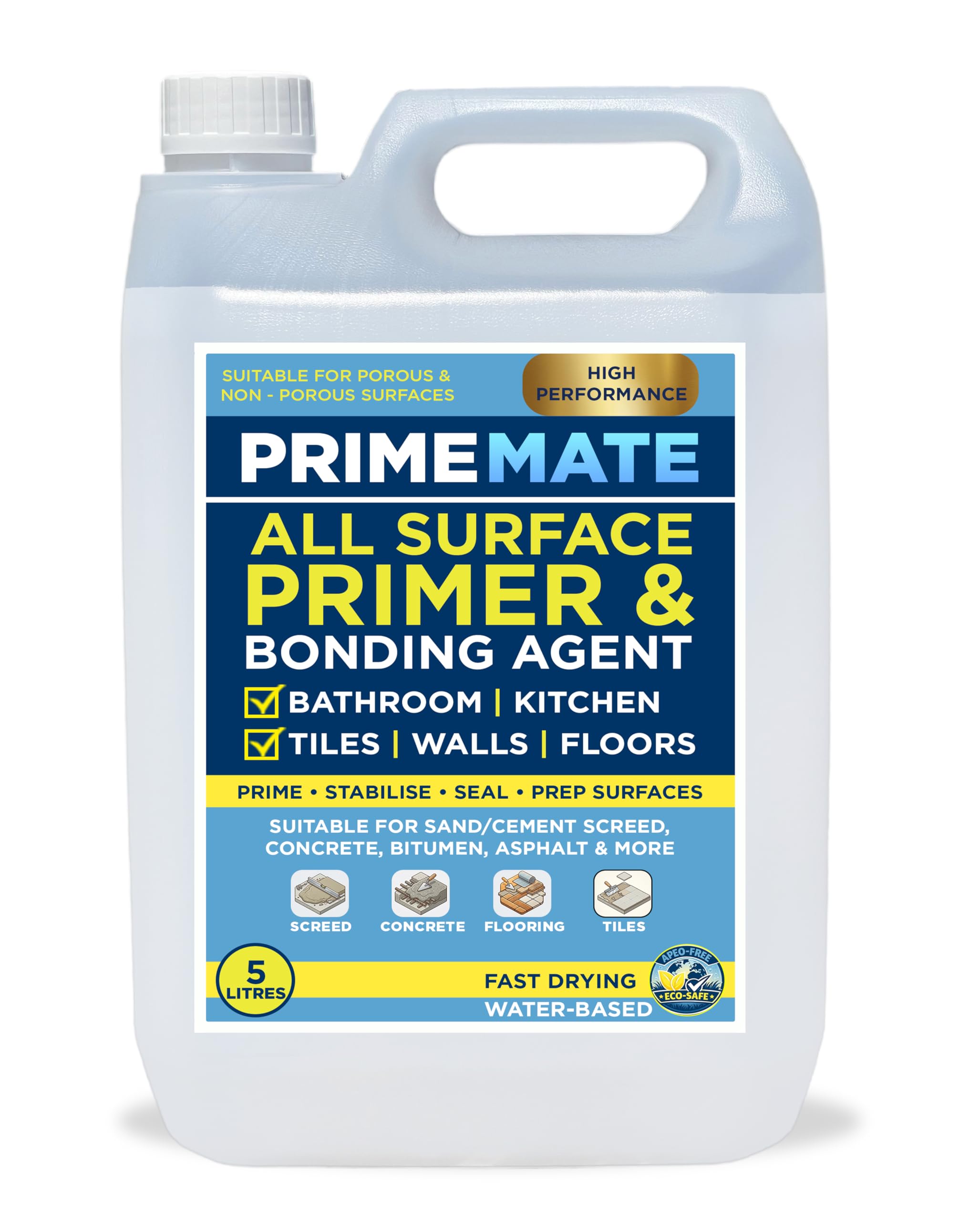 PrimeMate 5L All Surface Waterproof Primer & Bonding Agent for Bathroom Kitchen Tiles Walls Floors APEO Free - Prime Stabilise Seal & Prep - Suitable for Sand/Cement Screed Concrete Bitumen & More