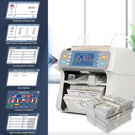 RIBAO MC-165 Two-Pocket Mixed Denomination Money Counter Machine and RIBAO 58mm Compatible Printer, Value Counting, White Bill Counter Multi Currency, CIS/UV/MG/IR Counterfeit Detection for Business