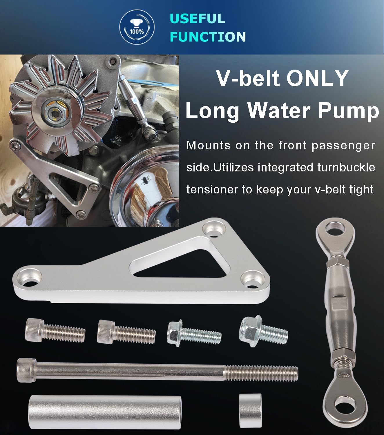 Billet Alternator Bracket Adjustable Kit for Chevy SBC 305 327 350 383 5.0L 5.7L V8 Eight Cylinder Long Water Pump Polished Aluminum for Chevy Small Block Engine