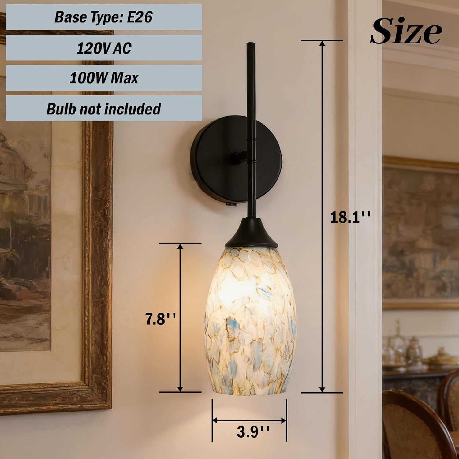 Matte Black Blue Marble Glass Wall Sconces Set of 2,Hardwired Indoor Wall Light Fixtures for Living Room, Hallway, Bedroom, Ceramic E26 Sockets (Bulbs Not Included)
