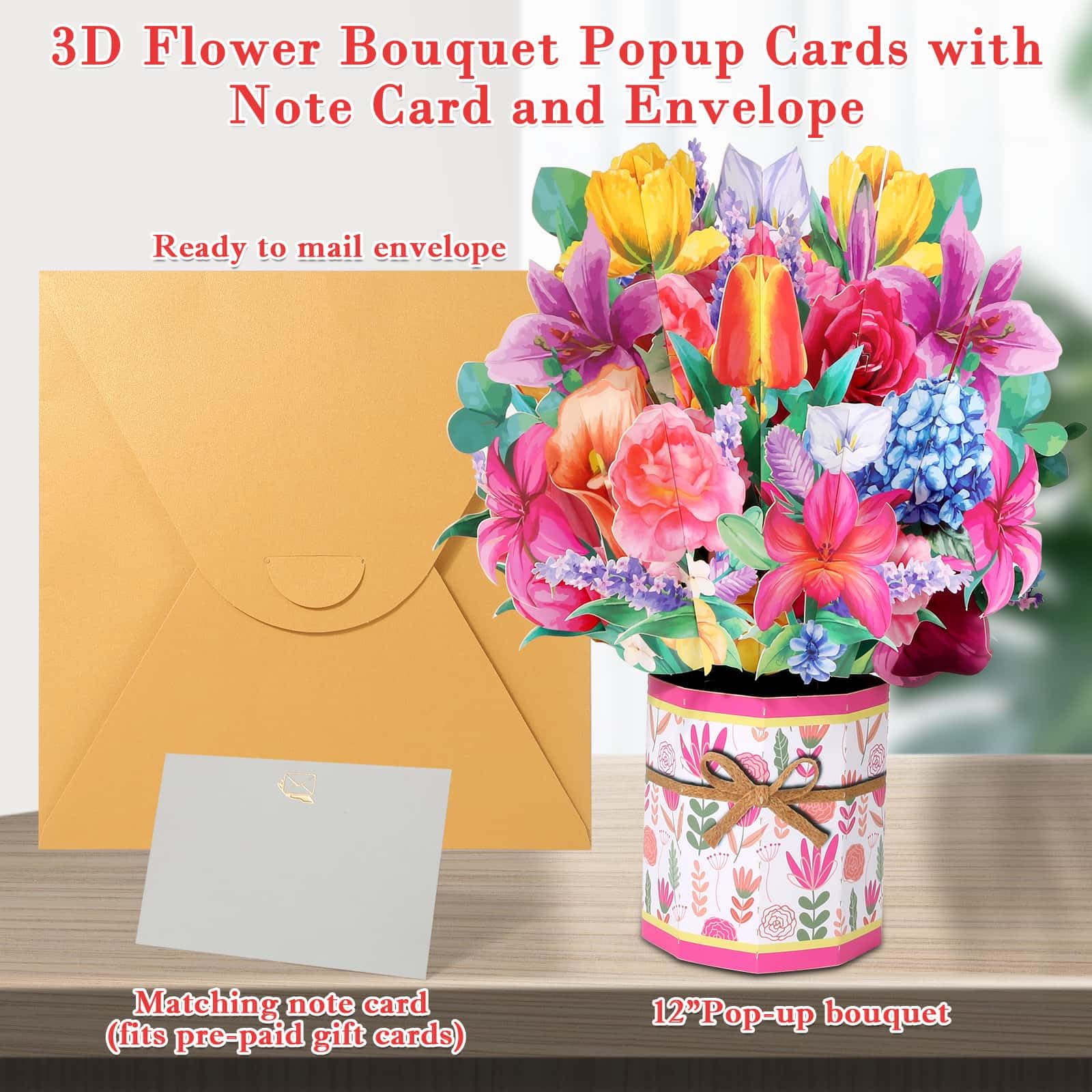 Tidponra Tarjeta de ramo emergente, tarjeta de felicitación de papel de flores 3D para mujer, papel artístico de lirio rosa, para cumpleaños y varias ocasiones, incluye sobre y tarjeta de notas