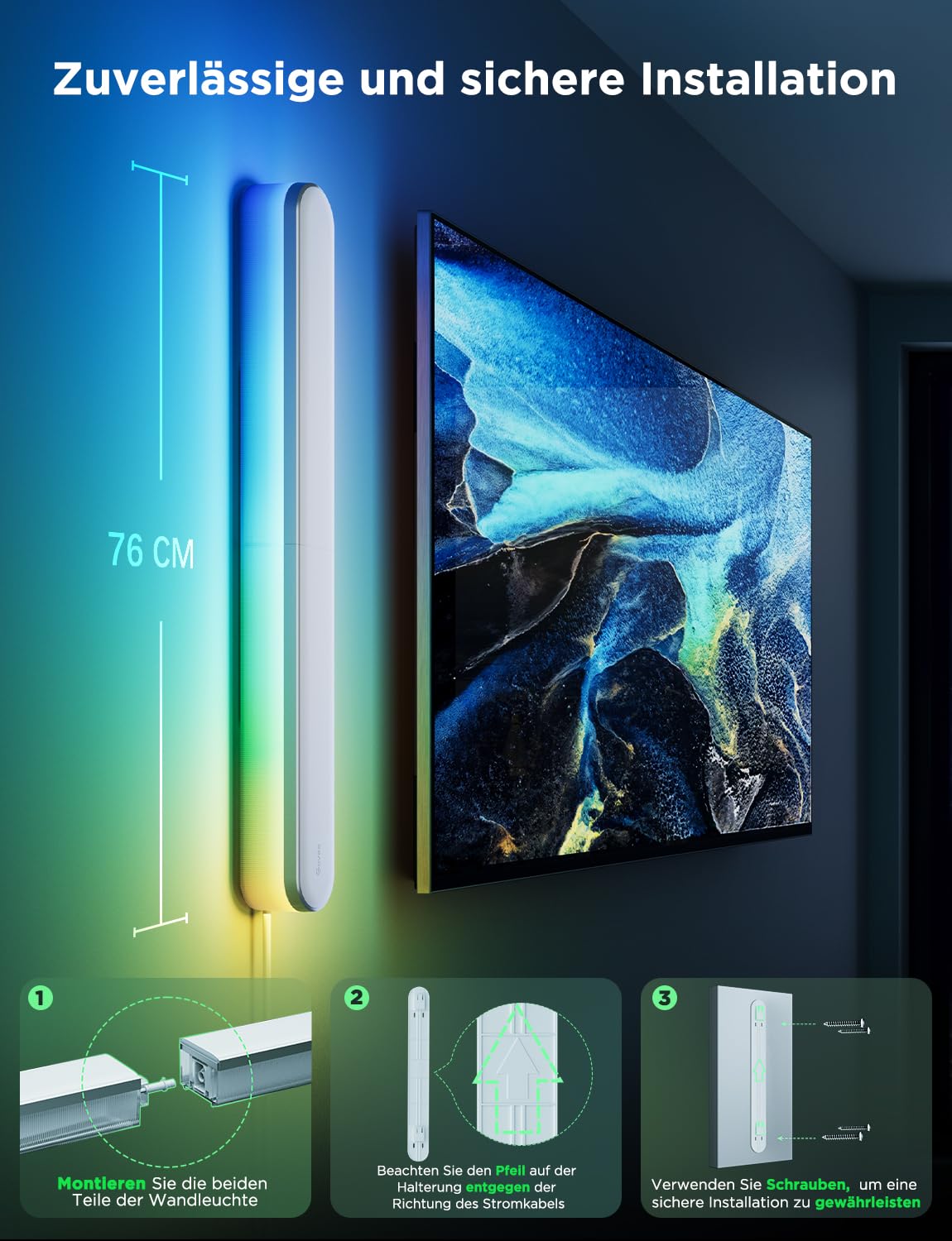 Govee RGBICW Wandleuchte Innen 1200lm Smart LED Wandlampe Musik-Sync 1Stück | Smart Wandleuchte Kompatibel mit Matter, Alexa & Google Assistant, Indirekte Beleuchtung für Wohnzimmer, Treppe, Flur