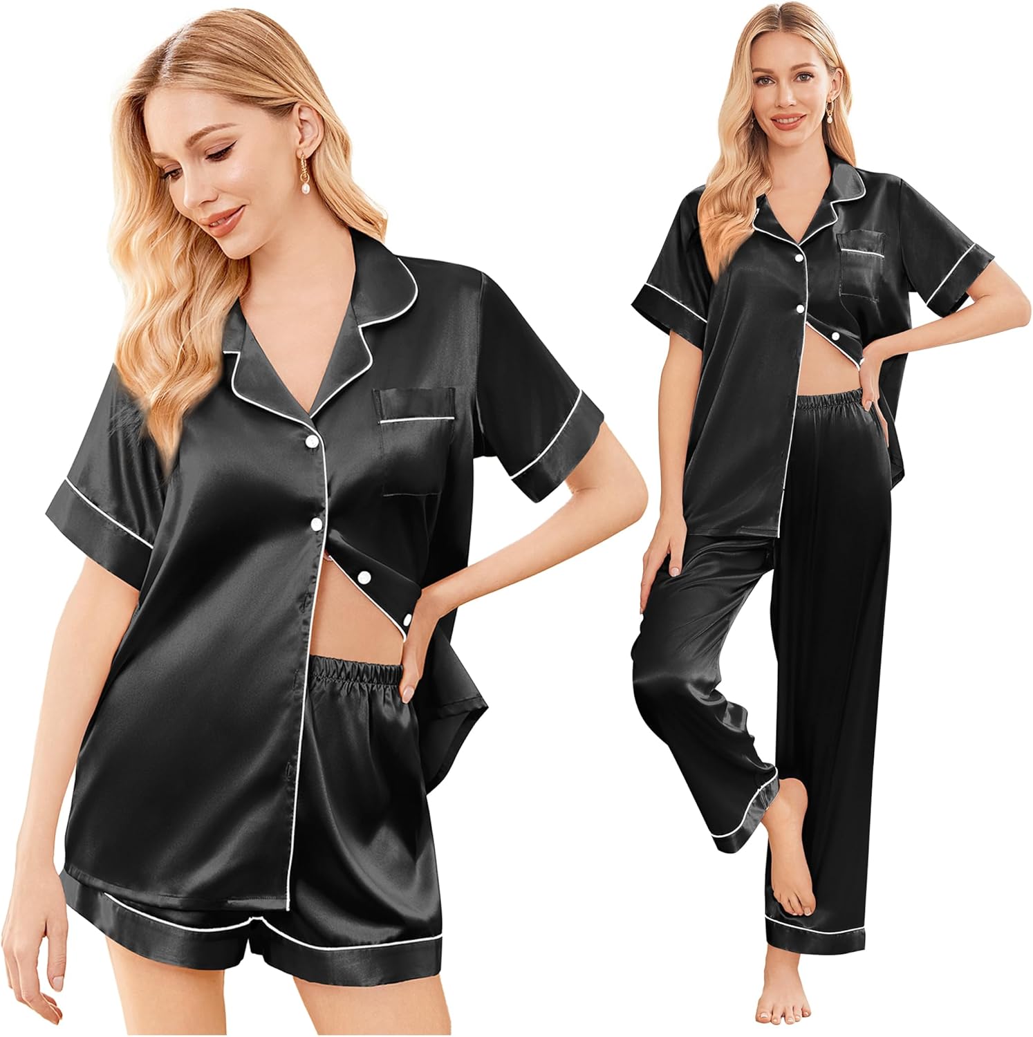 Ekouaer Silk Pajamas for Women Set Satin Pjs Soft Short Sleeve Button Down Sleepwear 3 Piece Loungewear S-XXL - Image 2