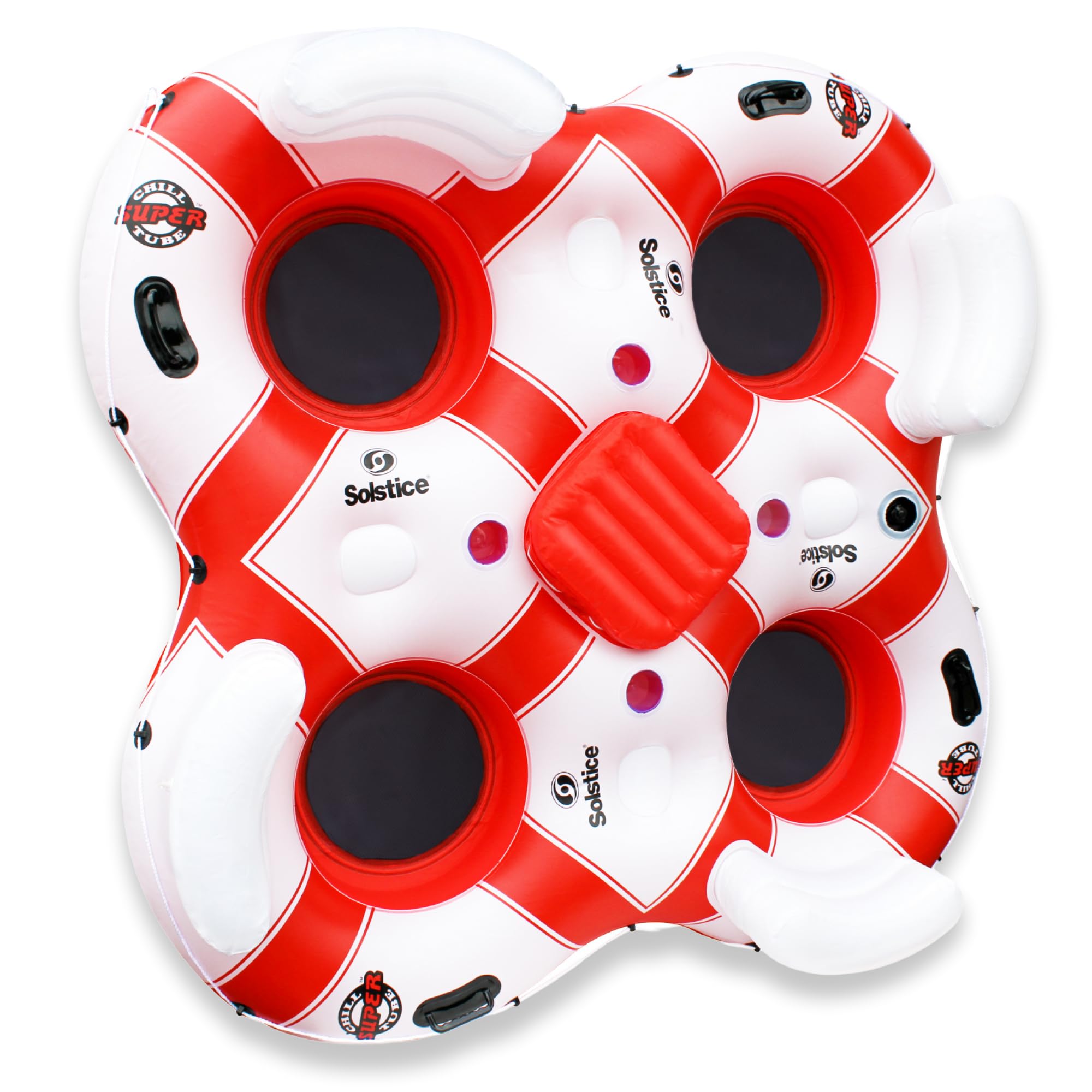 solstice super chill inflatable river raft float tube 4 person with cupholders, cooler, mesh bottom, backrest, grab handles tie on rope | for rivers lake ocean pool floating snow heavy duty material