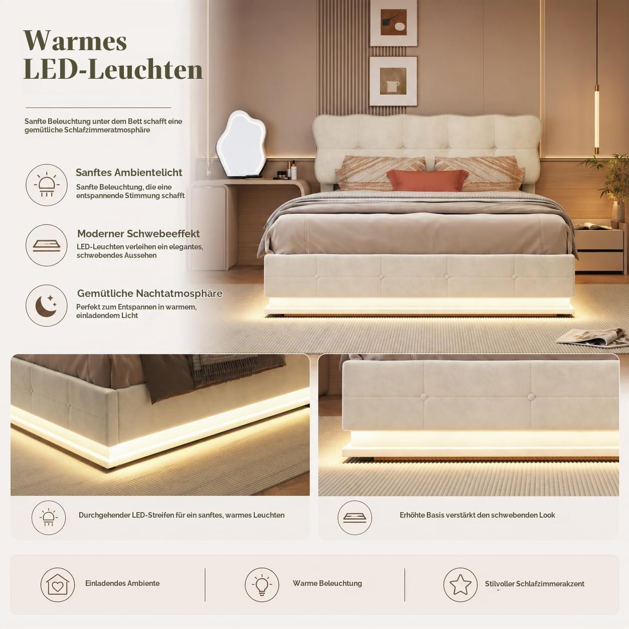 Polsterbett 140x200 cm, LED Bett mit Stauraum & Lattenrost, Doppelbett mit Gepolstertem Kopfteil, Seniorenbett Jugendbett Mädchen Bett, Hydraulisch Stauraumbett, Samt(Beige, 140X200 cm)
