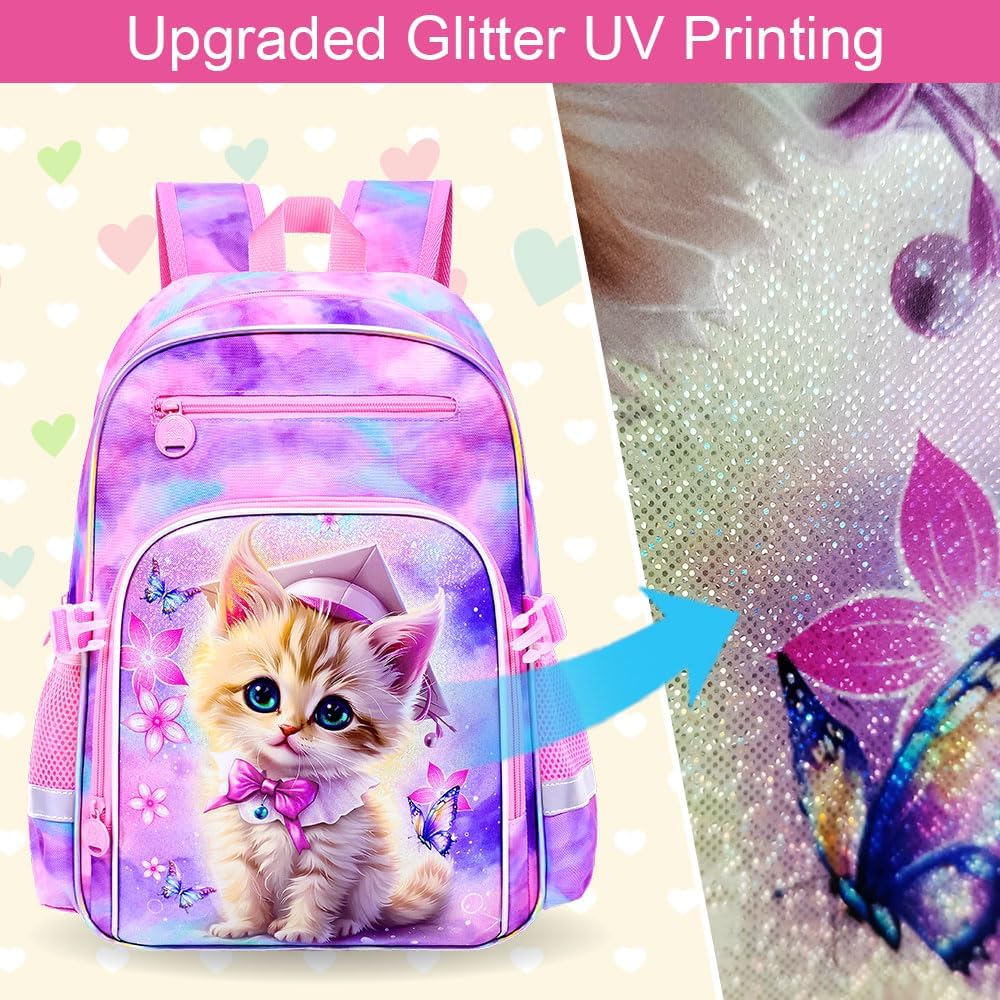 AGSDON 3PCS Cat Kids Backpack for Girls, 16" Kindergarten Elementary Lightweight School Bag, Girls Bookbags Set with Attachable Lunch Box and Pencil Case
