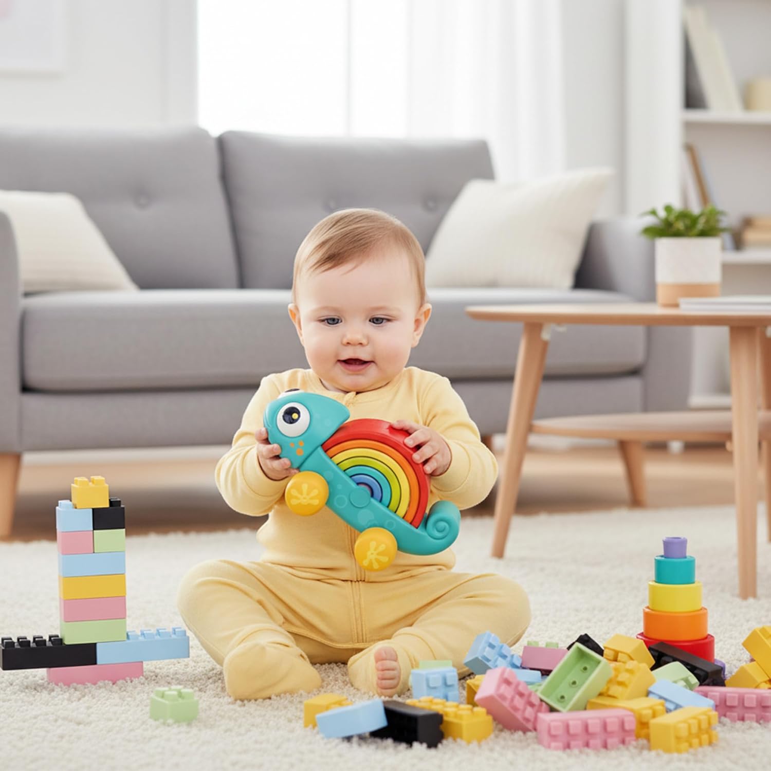 Silicone Blocks 20PCS + Rainbow Stacker Pull Toy, Soft Baby Building Blocks for Teething, Montessori Sensory Stacking Toys, Push & Pull with Wheels, Preschool Learning Gifts for Toddlers 18 Months