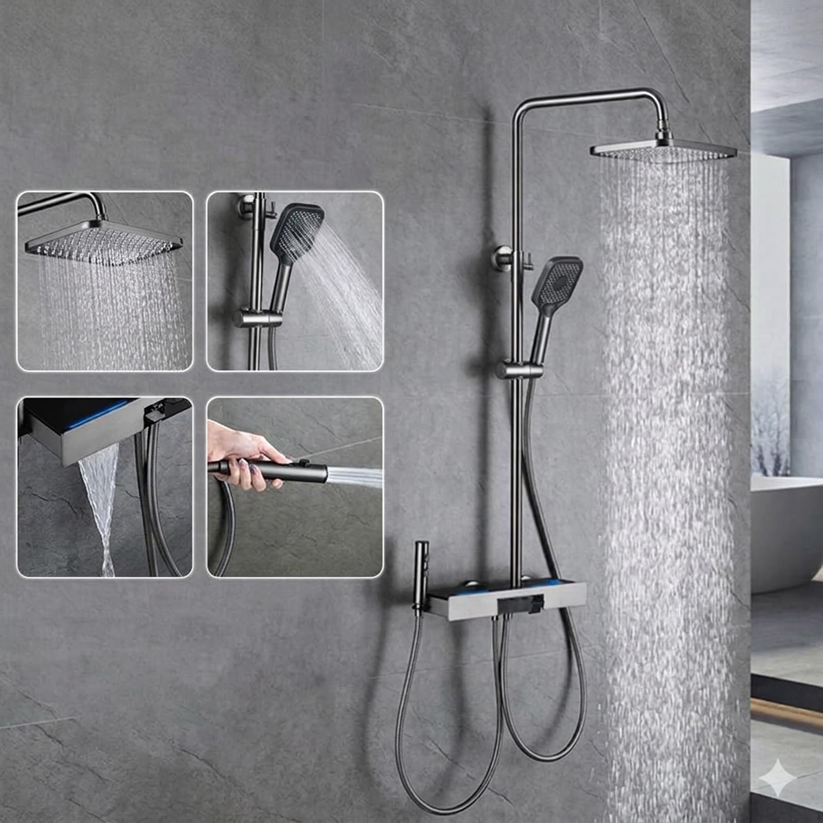 Colonne de Douche Cascade Gris Pistolet Installation Mural 4 en 1