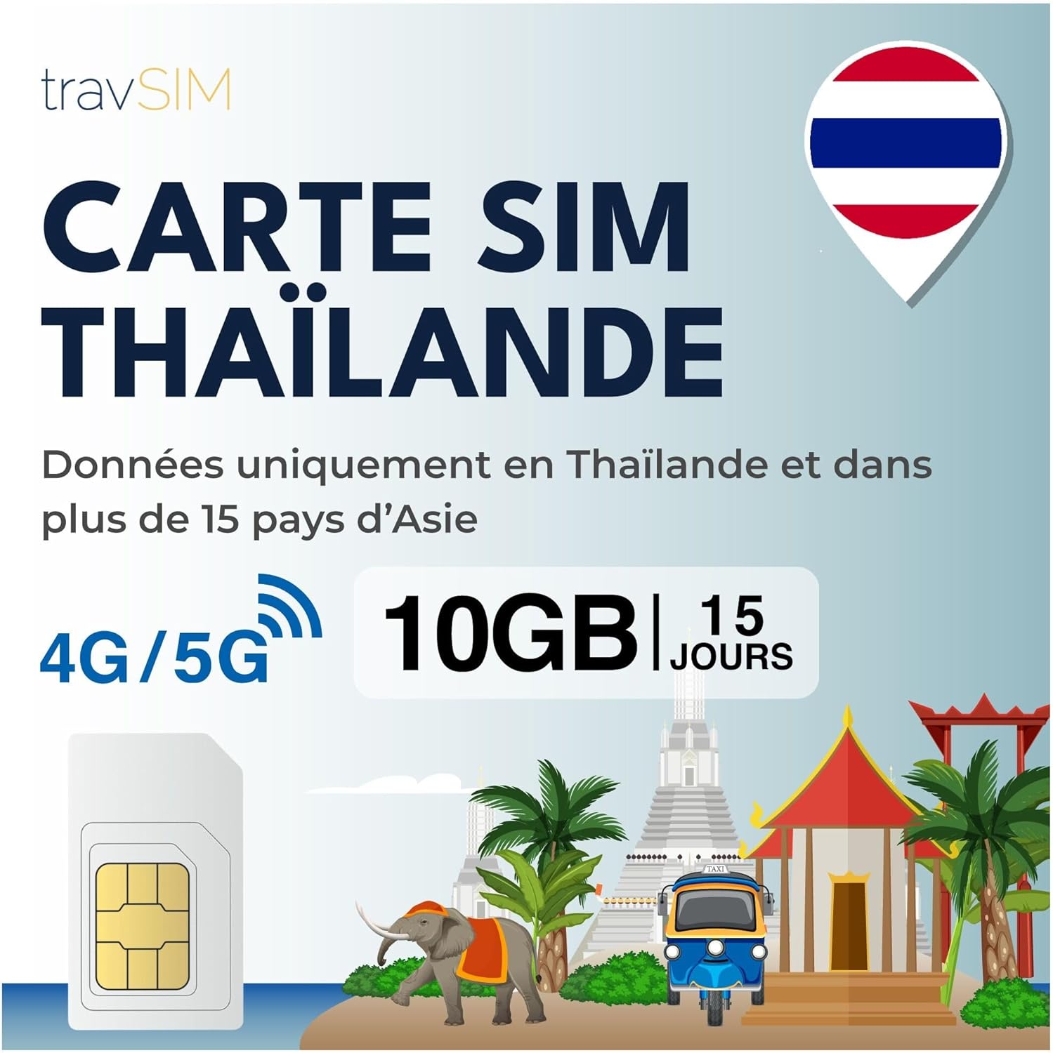 travSIM Thailand SIM Card | 10GB of Data (4G/5G speeds) | Valid for 15 Days | Data only | Use apps Like Whatsapp, Facebook, Instagram | Use in Thailand and More Than 15 Countries in Asia | 3 in 1 kit