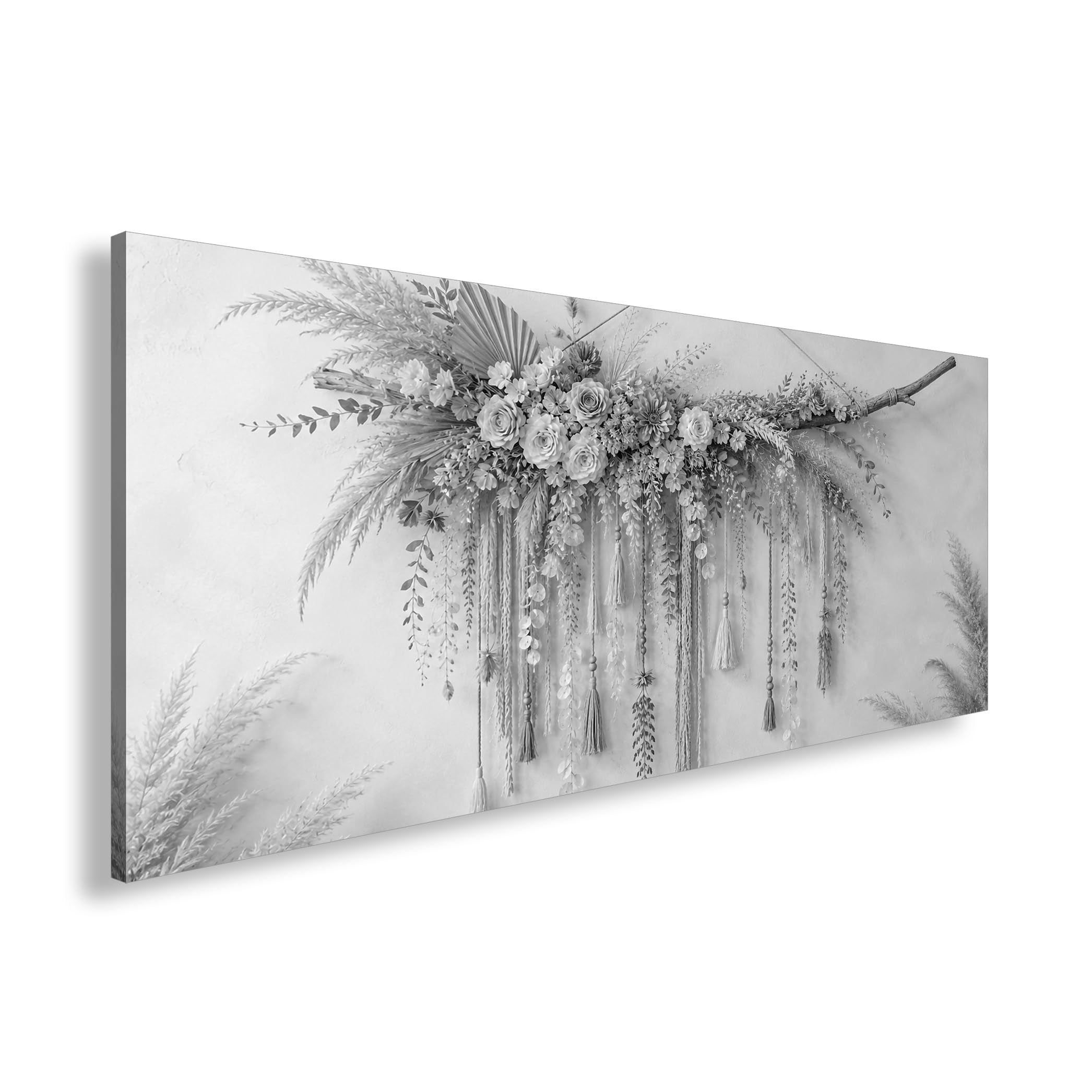 Leinwandbild Trockenblumen und Quasten an einem Ast 120x60cm Schwarz&Weiß