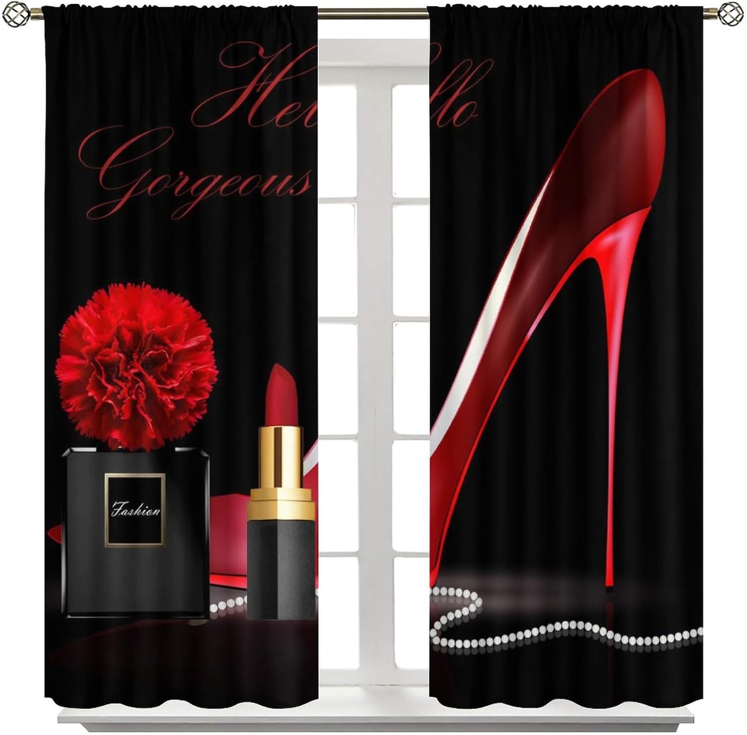 Red High Heel Bathroom Curtains,Gorgeous Black Perfume Rose Flower Lipstick Fashion Makeup Romantic Women Girls Bedroom Living Room Home Decor Blackout Drapes 42x45in