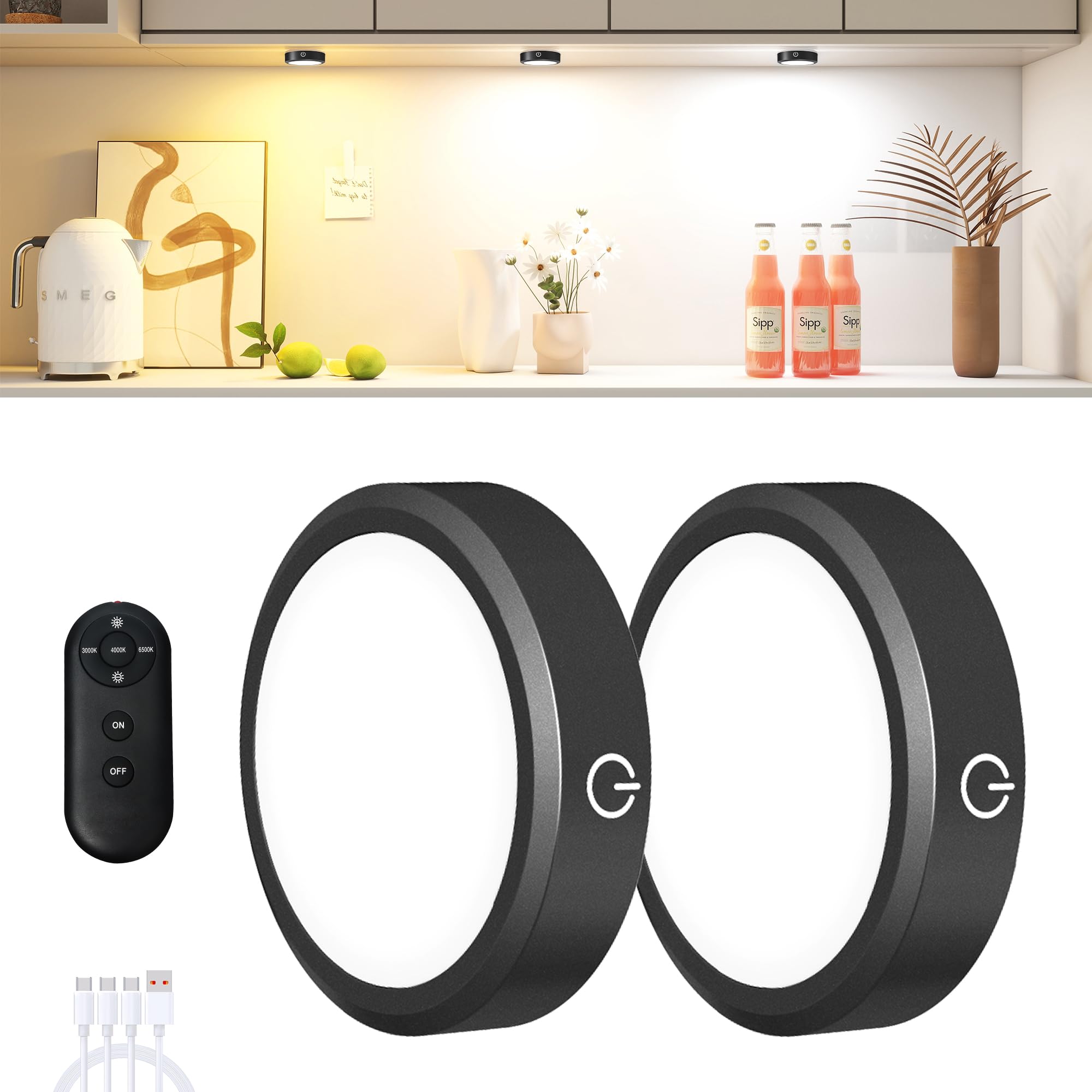 Rechargeable Puck Lights with Remote Control,LED Under Cabinet Light with Full-Screen,3 Color Temperatures Stick On Wireless, Tap for Kitchen,Cabinet,Counter,Closet,Shelf,2 Pack, Black
