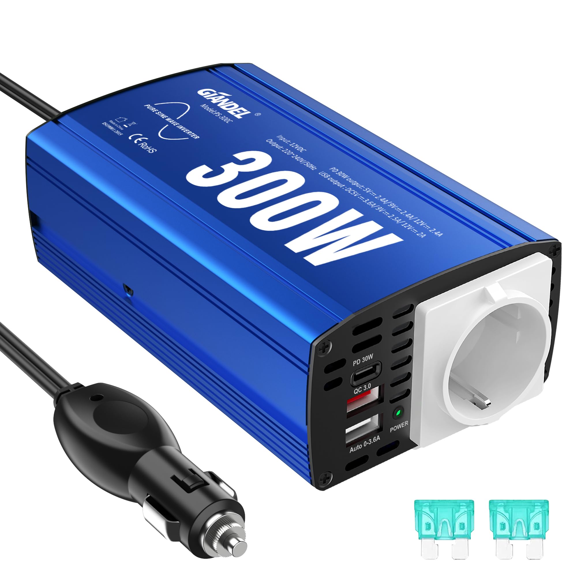 Pure Sine Wave Inverter Voltage Converter 300W Car Adapter 12V DC 230V AC with Dual USB 4.8A and Plug for Tablets, Laptops, Smartphones