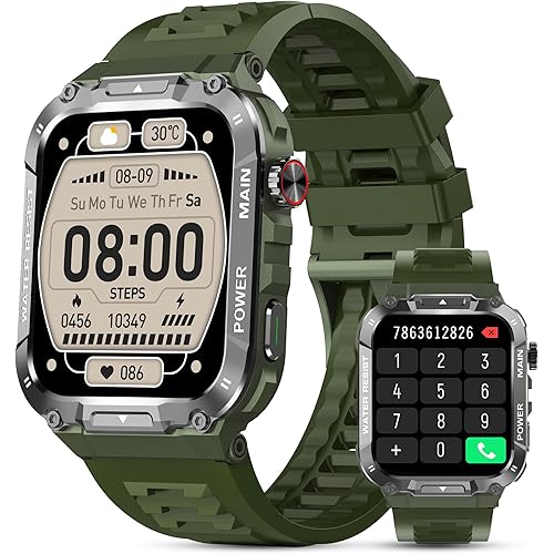 Smart Watch(Answer/Make Call), 1.96" Military Smart Watches for Men, Fitness Tracker Sport Watch with Heart Rate Stress SpO2 Sleep Monitor, Smartwatches for iPhone/Android Compatible. (Green)
