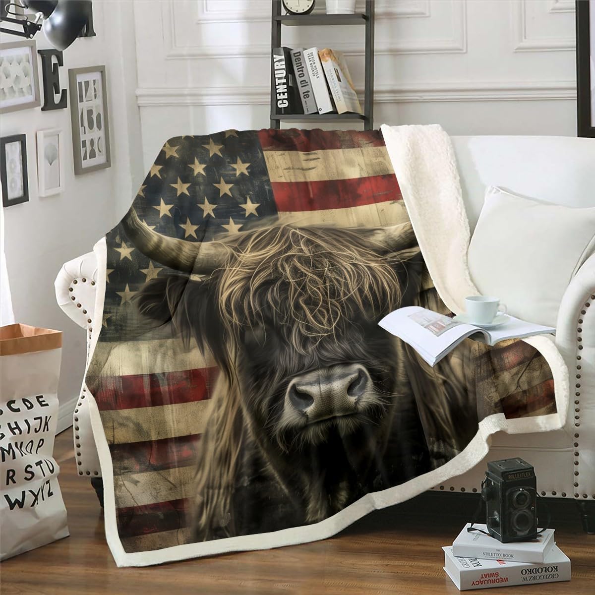 3D Bull Blanket Highland Cow Printed Fleece Blanket Twin,Rustic American Flag Throw Blanket Western Animal Wildlife Sherpa Blanket Geometric Stripe Fuzzy Blanket Kids Boys Teens Room Decor